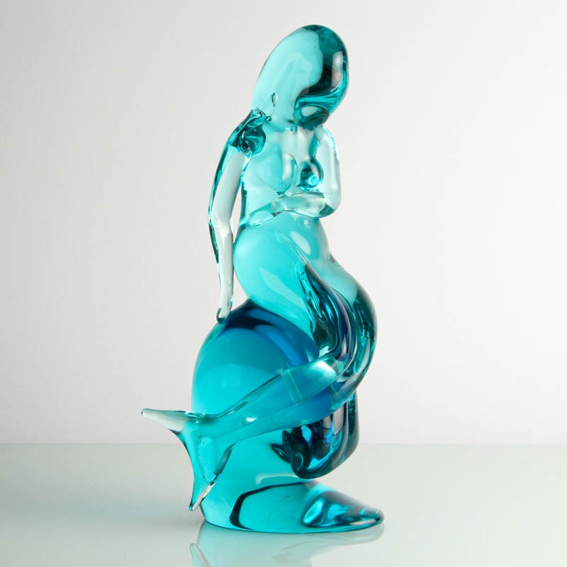 Detail a: Glasskulptur einer Meerjungfrau, Ermanno Nason für Cenedese, Murano, Italien, 1963-72, türkis eingefärbtes Glas, auf einerWelle sitzende ...