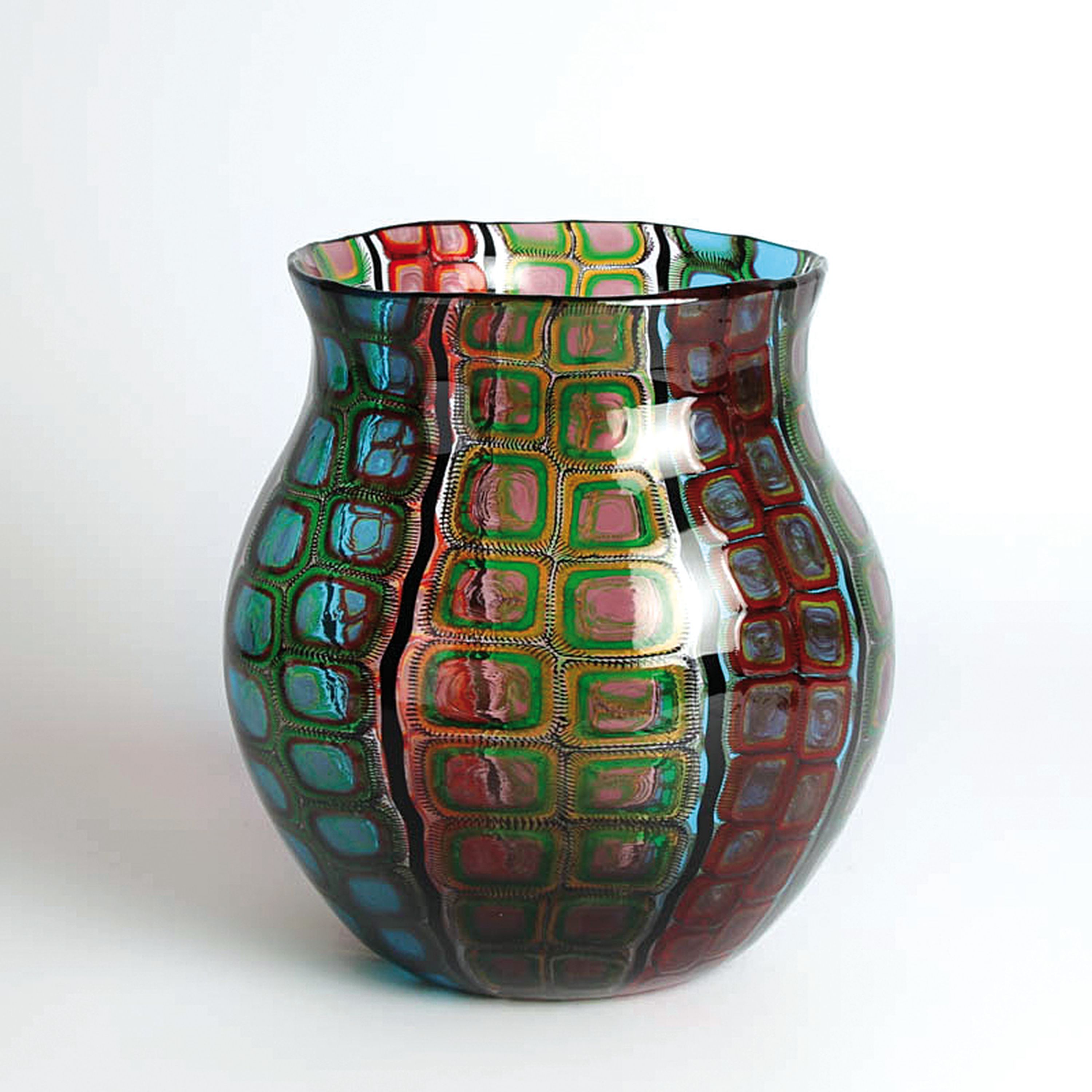 Glasvase, Adriano Dalla Valentina (geb. 1945),Murano, Italien, farbloses Glas, geometrisierende Murrinen-Einschmelzungen in blau, rot, grün und ...