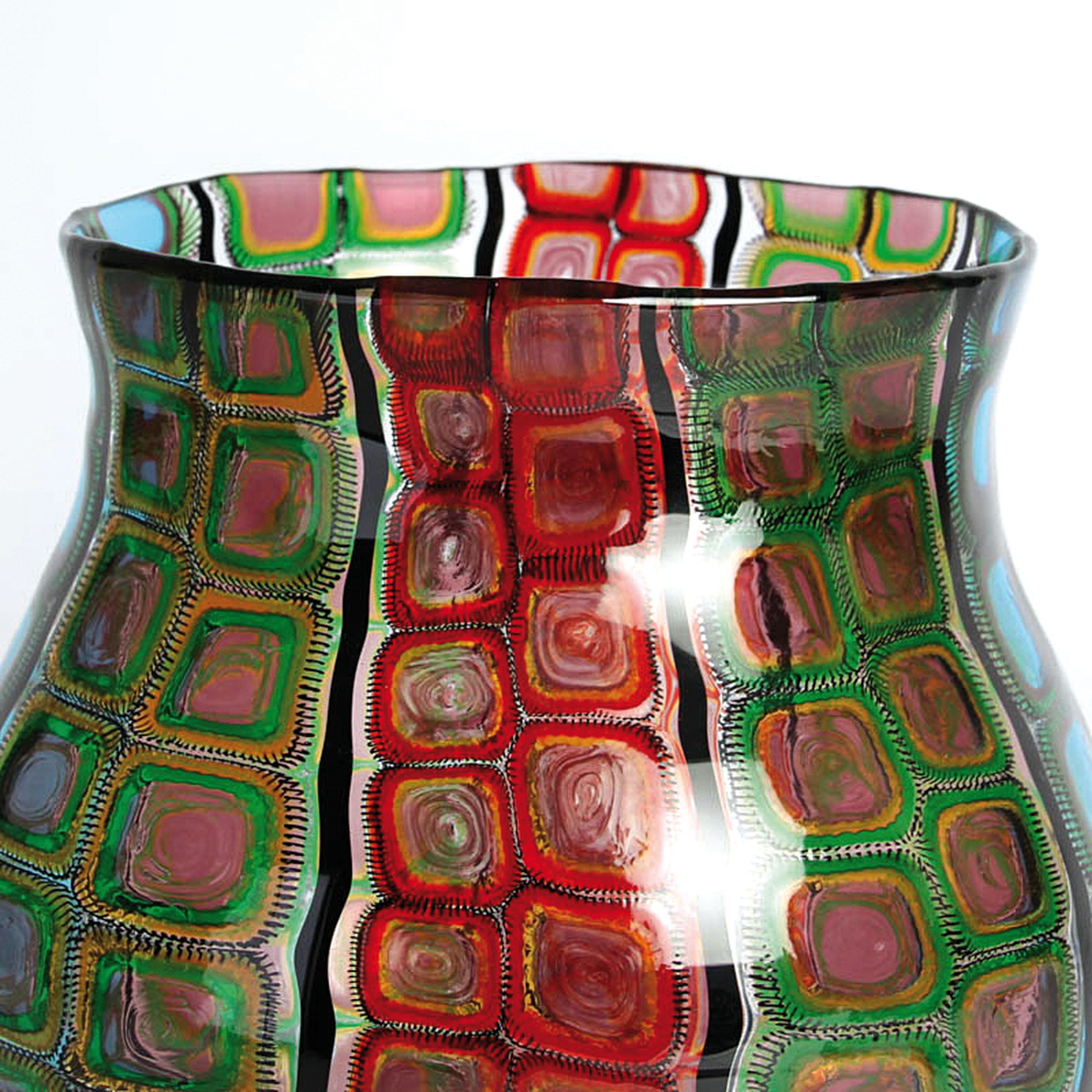 Detail a: Glasvase, Adriano Dalla Valentina (geb. 1945),Murano, Italien, farbloses Glas, geometrisierende Murrinen-Einschmelzungen in blau, rot, grün und ...