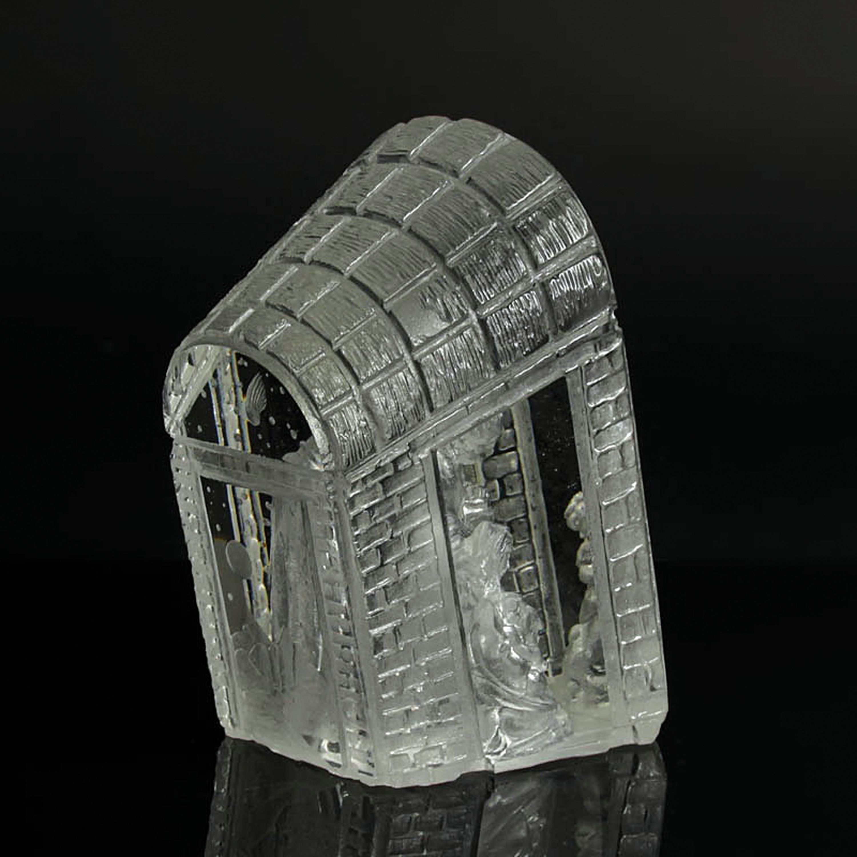 Detail e: Glaskunst-Objekt, Kristian Klepsch, Mizzi Glashütte, Uttendorf, farbloses Glas, geschliffen und geätzt, mehrdimensionaler Dekor, Krippe mit ...