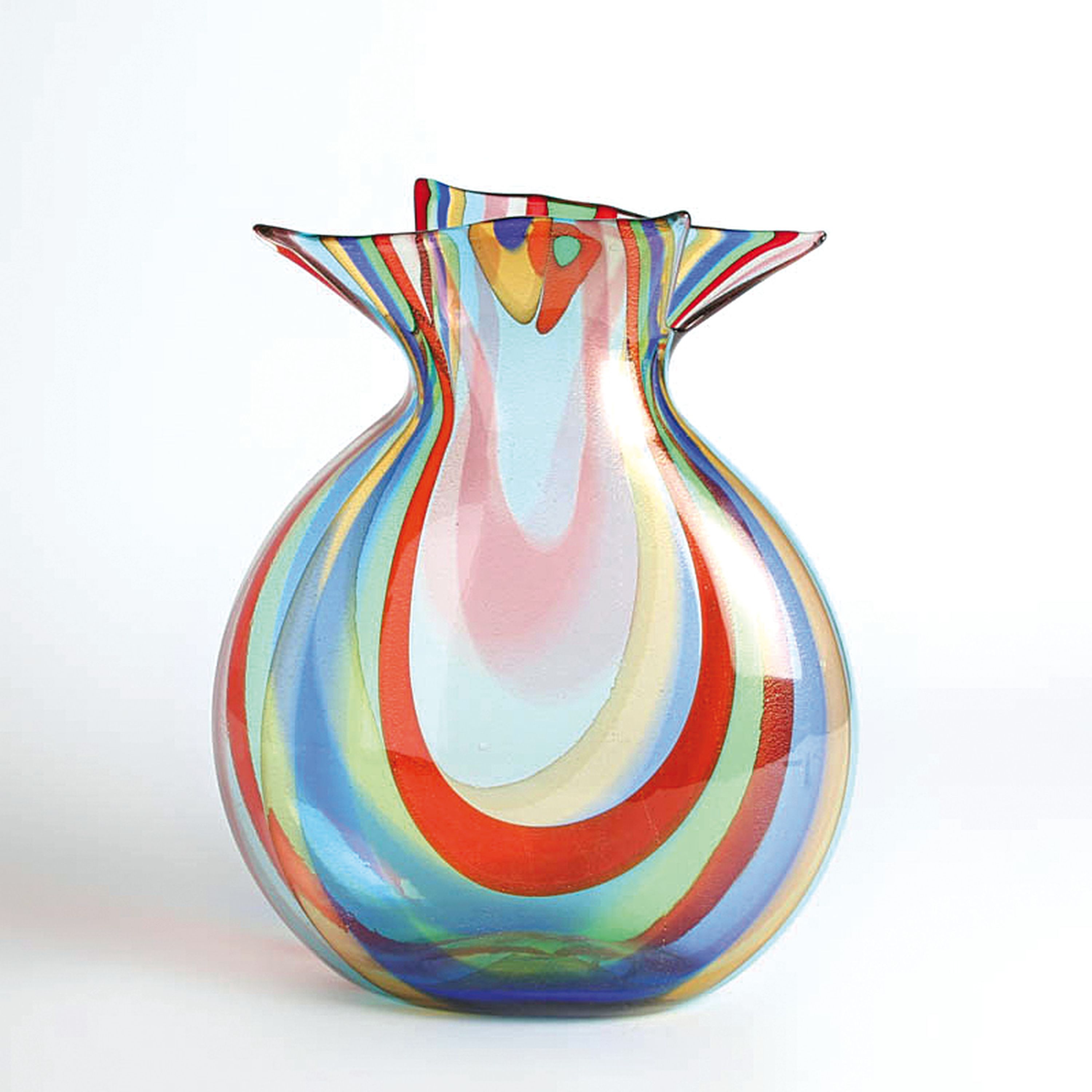 Glasvase, Adriano Dalla Valentina (geb. 1945) , Murano, Italien, farbloses Glas, wellenförmig eingekämmte Bandeinschmelzungen, eingeschmolzene ...