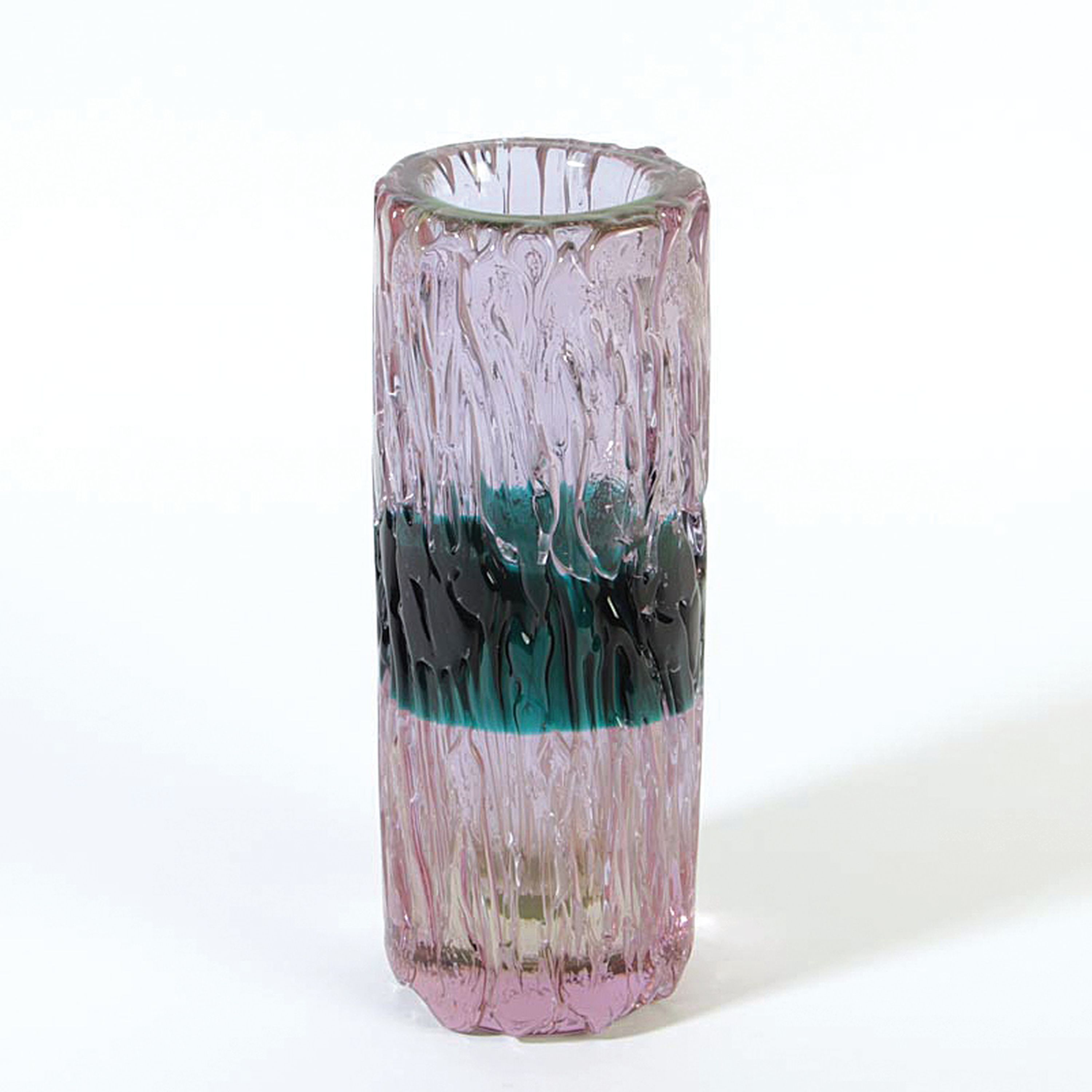 Glasvase, Ermanno Nason für Cenedese, Murano, Italien, Neodymium-Glas, so-Dekor in Türkis und gelb, Baumrinden-ähnliche Oberfläche, schwere ...