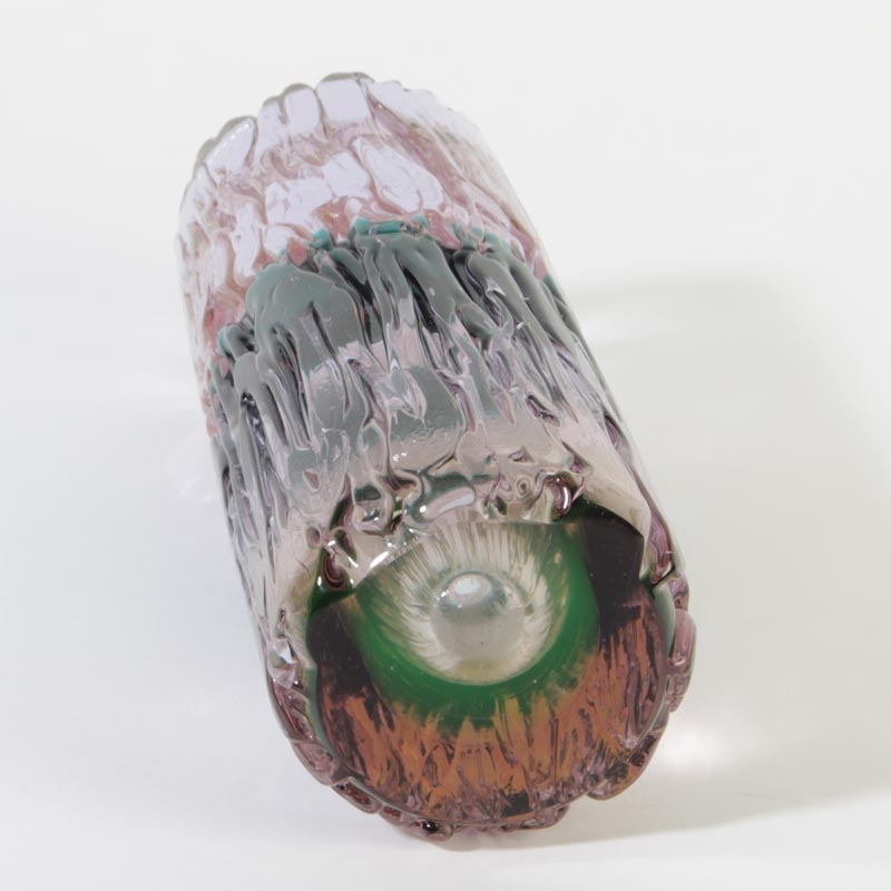 Detail c: Glasvase, Ermanno Nason für Cenedese, Murano, Italien, Neodymium-Glas, so-Dekor in Türkis und gelb, Baumrinden-ähnliche Oberfläche, schwere ...