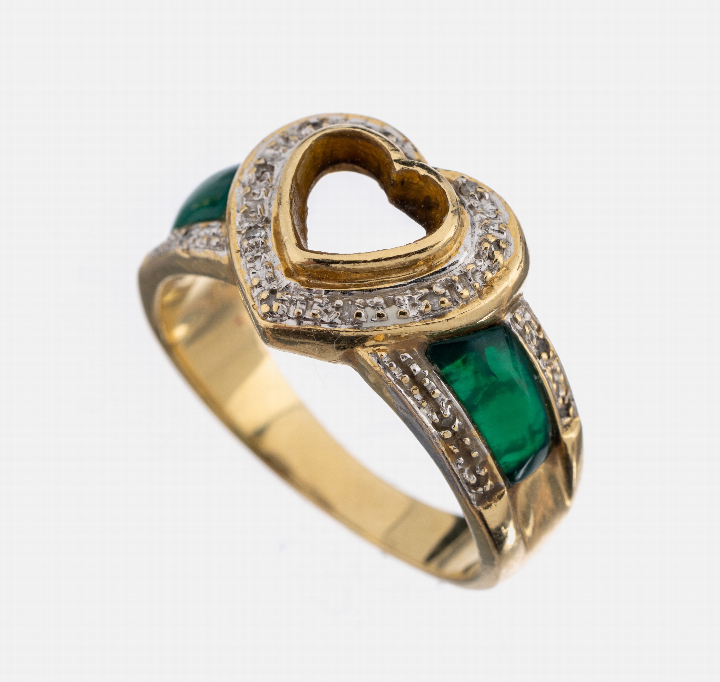 14 kt Gold Diamant-Achat-Ring, GG/WG 585/000, kl. 8/8-Diamanten, Ringschultern mit grünen Achateinlagen (gefärbt), RW 58, ca. 5.9g