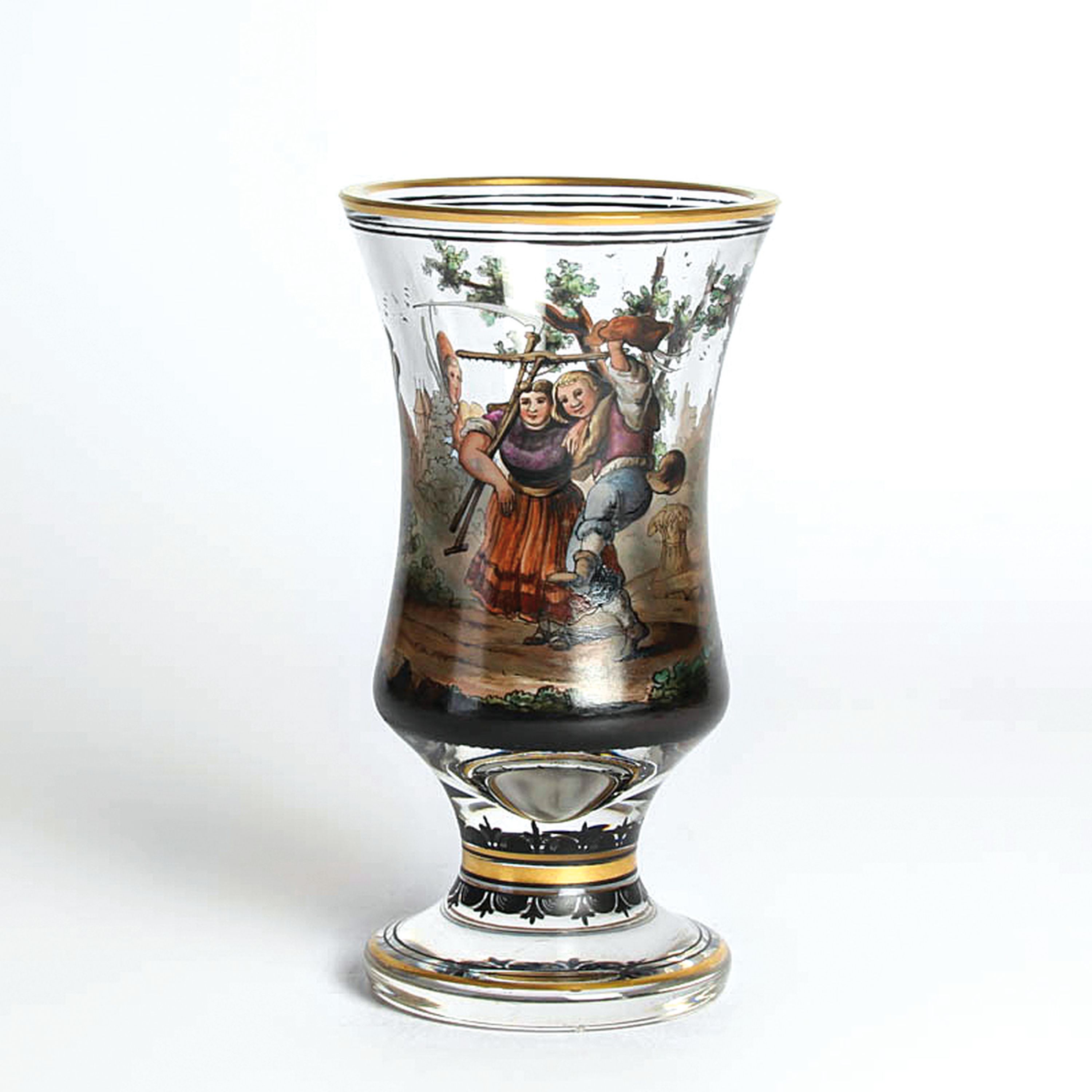 Pokalglas, Böhmen, Mitte 19. Jh., dickwandiges farbloses Glas, umlaufend reich bunt bemalt mit Bauernpaar und Dudelsackspieler mit Bäumen, Feld und ...