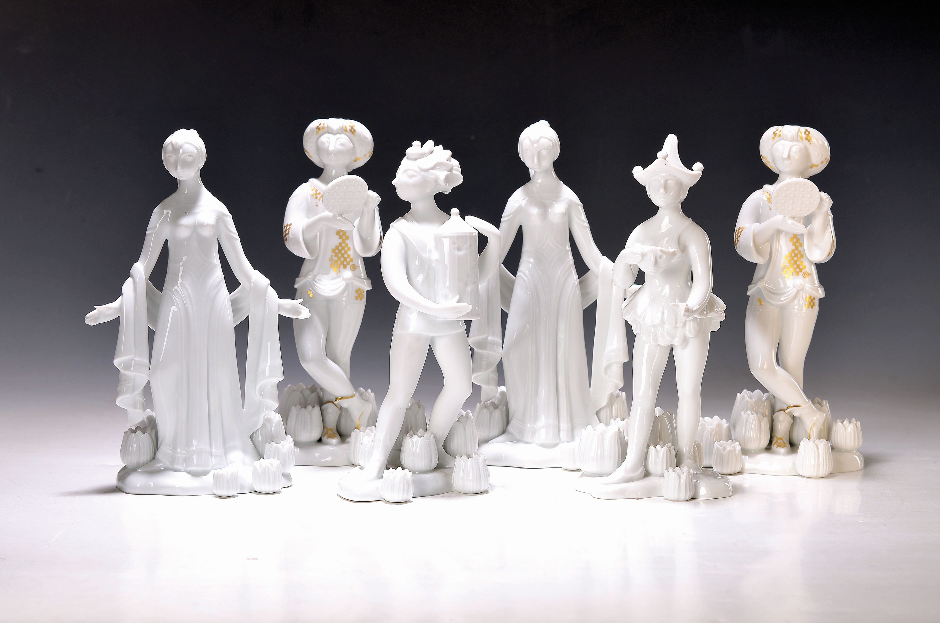 6 Figuren aus der Serie Zauberflöte, Rosenthal, Entwurf Björn Wiinblad ( 1918 Kopenhagen - 2006 Lyngby), studio Line, 2. Wahl, 2 x Pamino 1262, ...