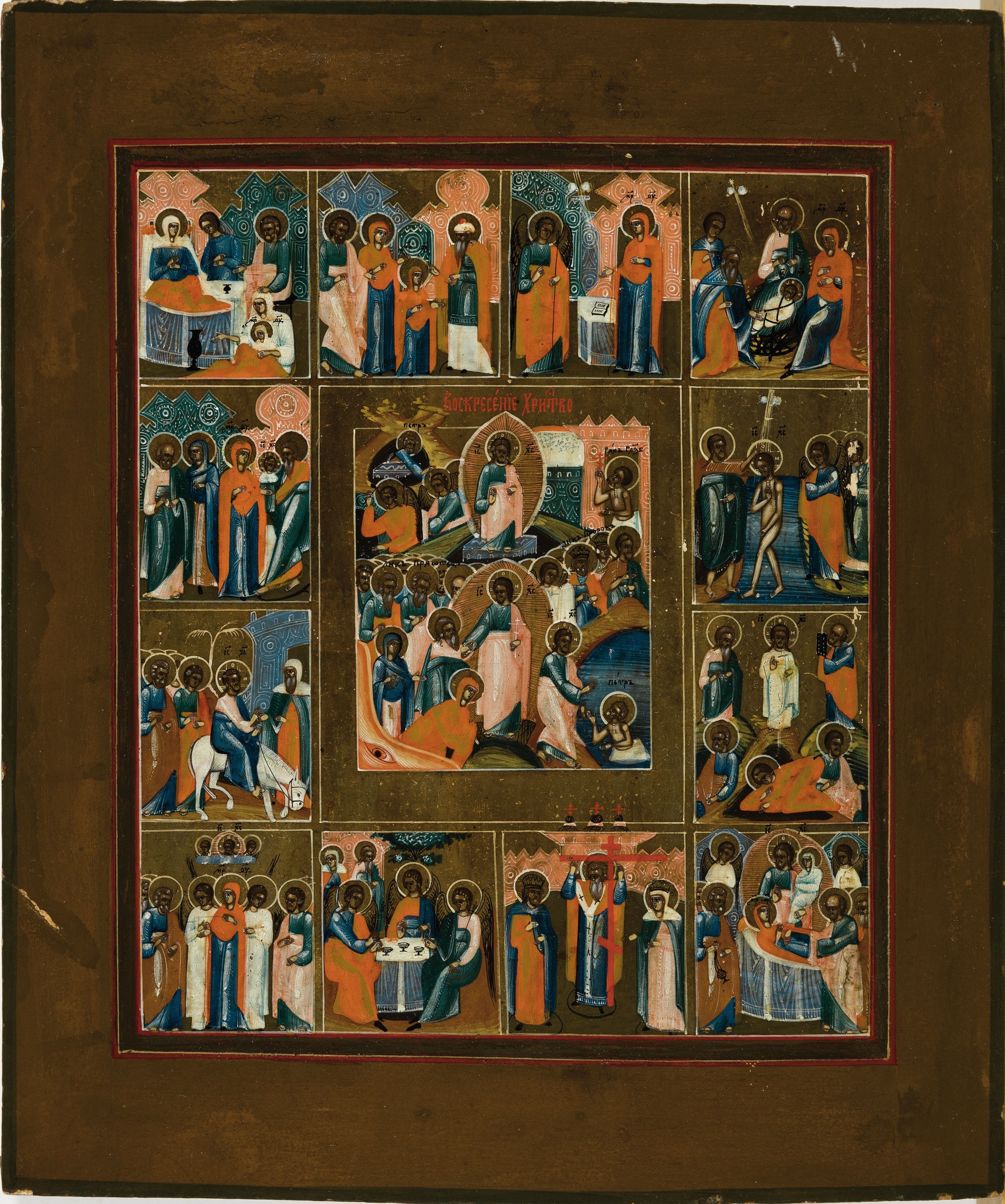 Detail k: Zwei Ikonen, Russland, 19. Jh., Vielfelderikone mit Szenen aus dem Leben und Wirken Christi, Hl. Nikolaus als Bischof von Myra, je Altersspuren bzw. ...