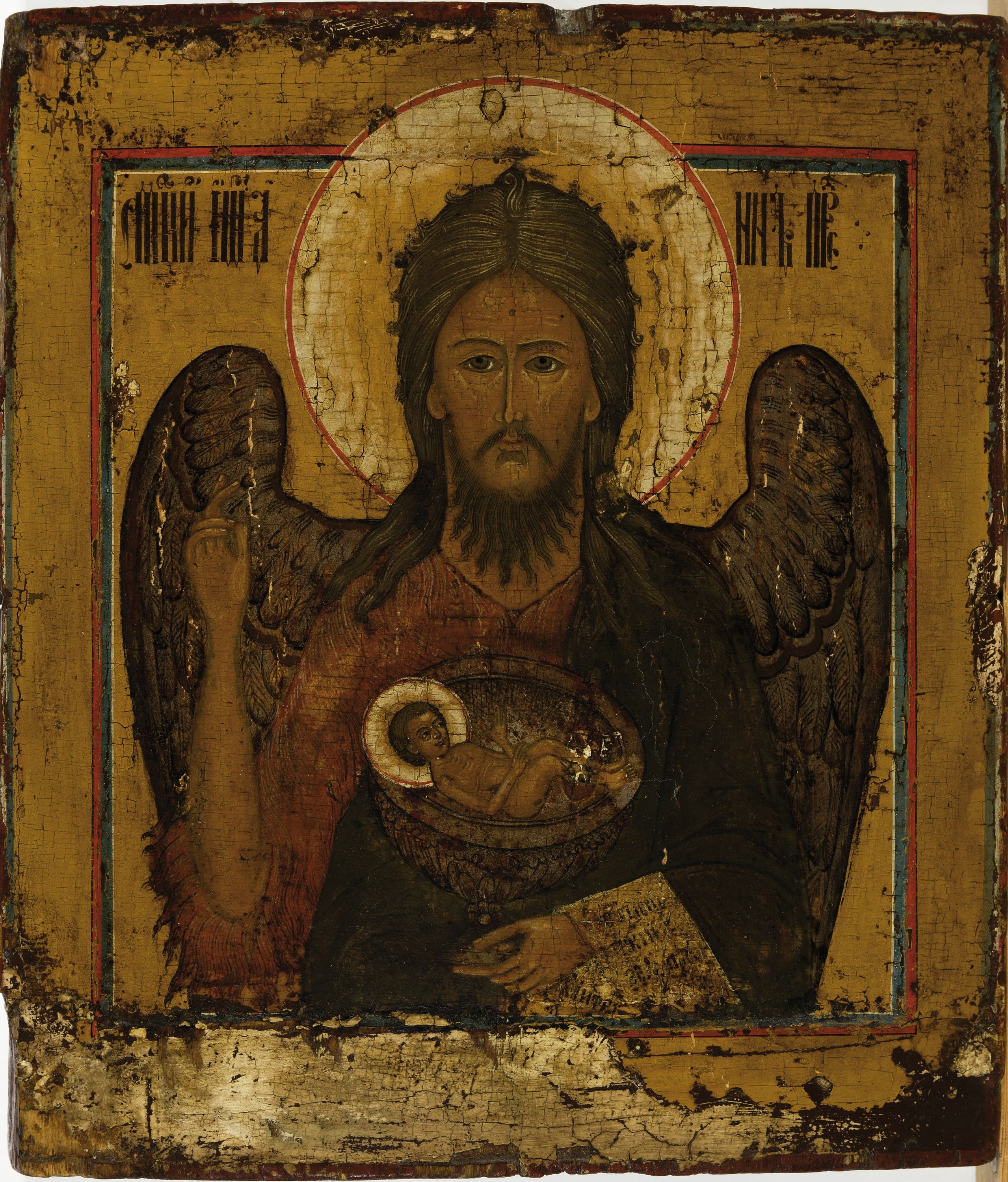 Detail k: Ikone, Russland, frühes 19. Jh., Johannes der Täufer geflügelt, Tempera auf Holz, krakeliert, altersbedingt beschädigt und rest., ca. 32 x 24 cm