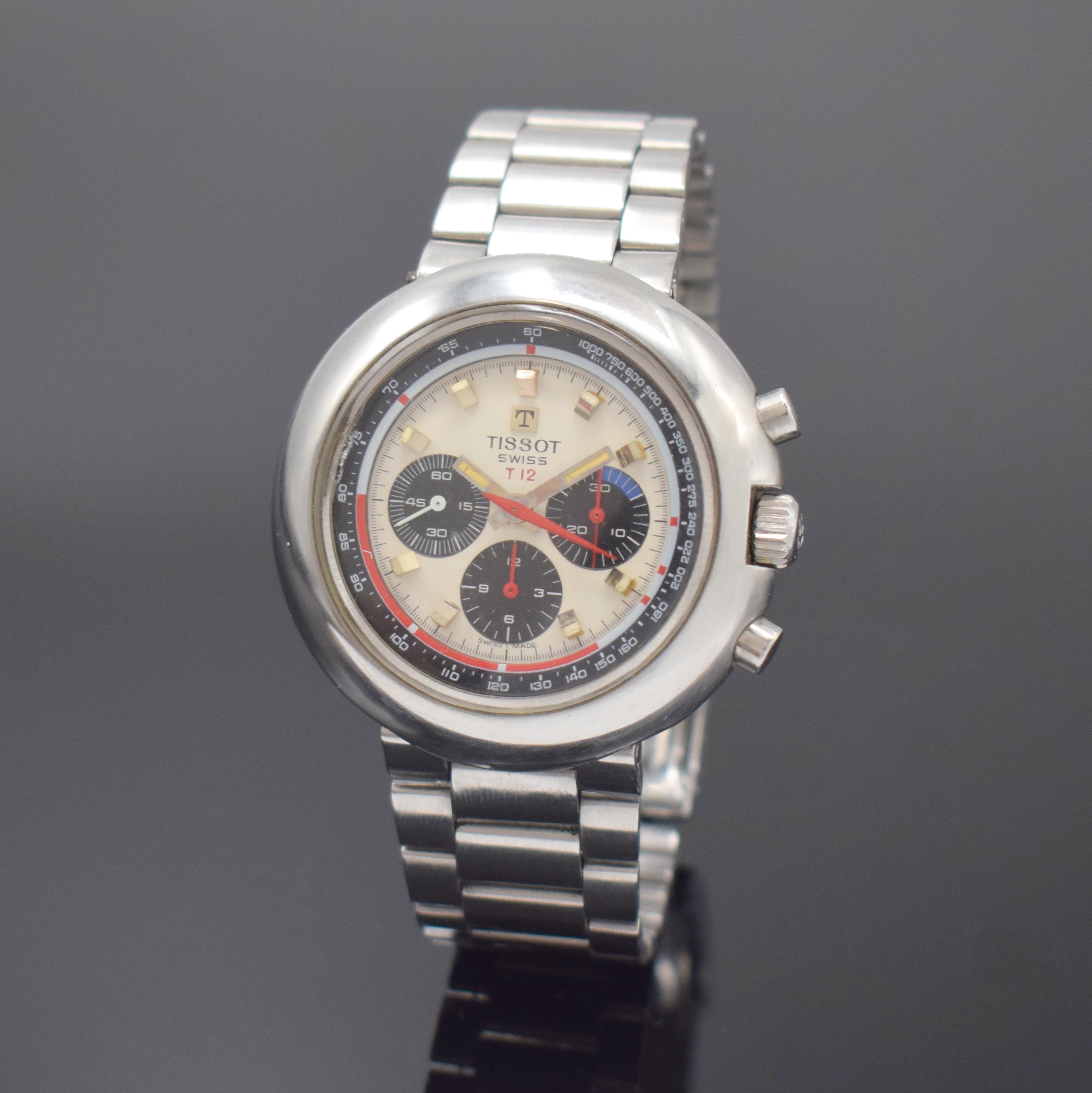 TISSOT T12 Armbandchronograph, Schweiz um 1970, Handaufzug, massives Stahlgeh., Boden aufgedr., original Gay Freres Band m. Faltschl., silb. ...