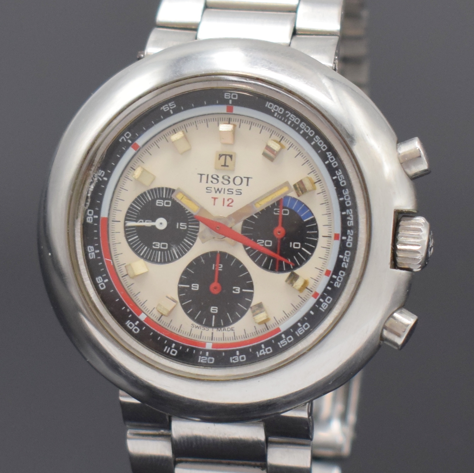 Detail a: TISSOT T12 Armbandchronograph, Schweiz um 1970, Handaufzug, massives Stahlgeh., Boden aufgedr., original Gay Freres Band m. Faltschl., silb. ...