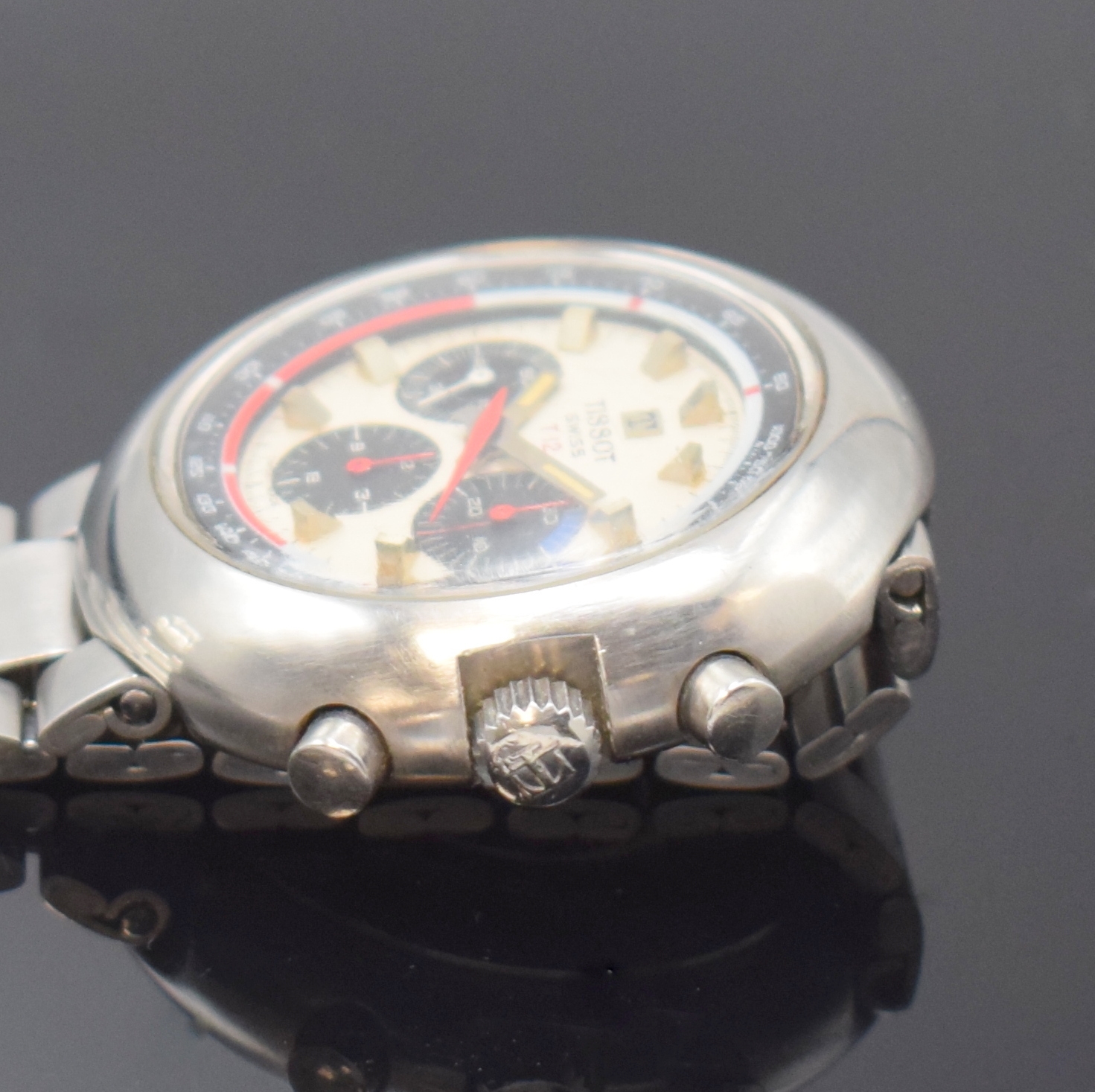 Detail c: TISSOT T12 Armbandchronograph, Schweiz um 1970, Handaufzug, massives Stahlgeh., Boden aufgedr., original Gay Freres Band m. Faltschl., silb. ...