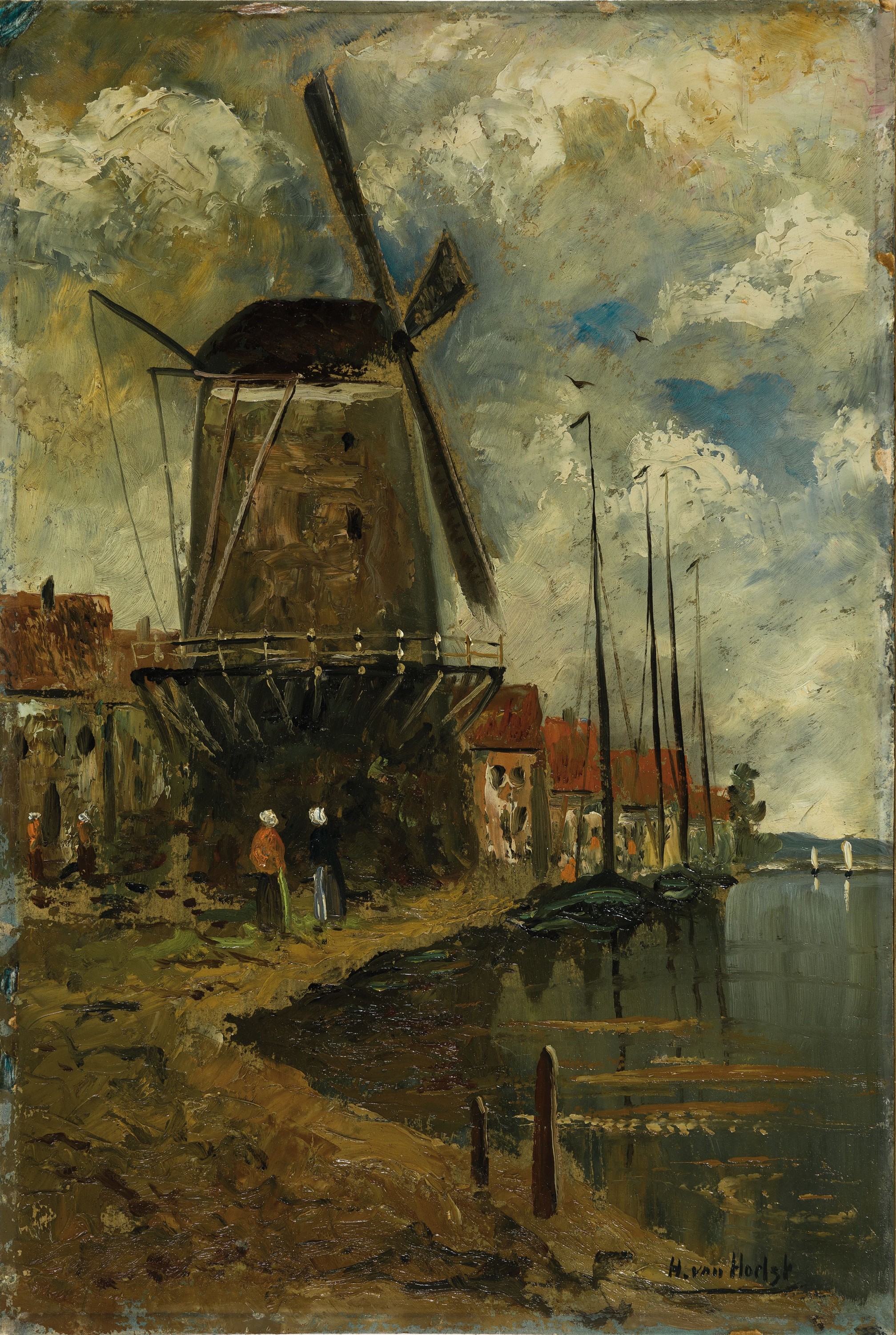 H. van Hoelst, niederländischer Maler der 1. Hälfte des 20. Jh., Windmühle am See, Öl/ Malkarton, rechts unten signiert, ca. 58x39cm