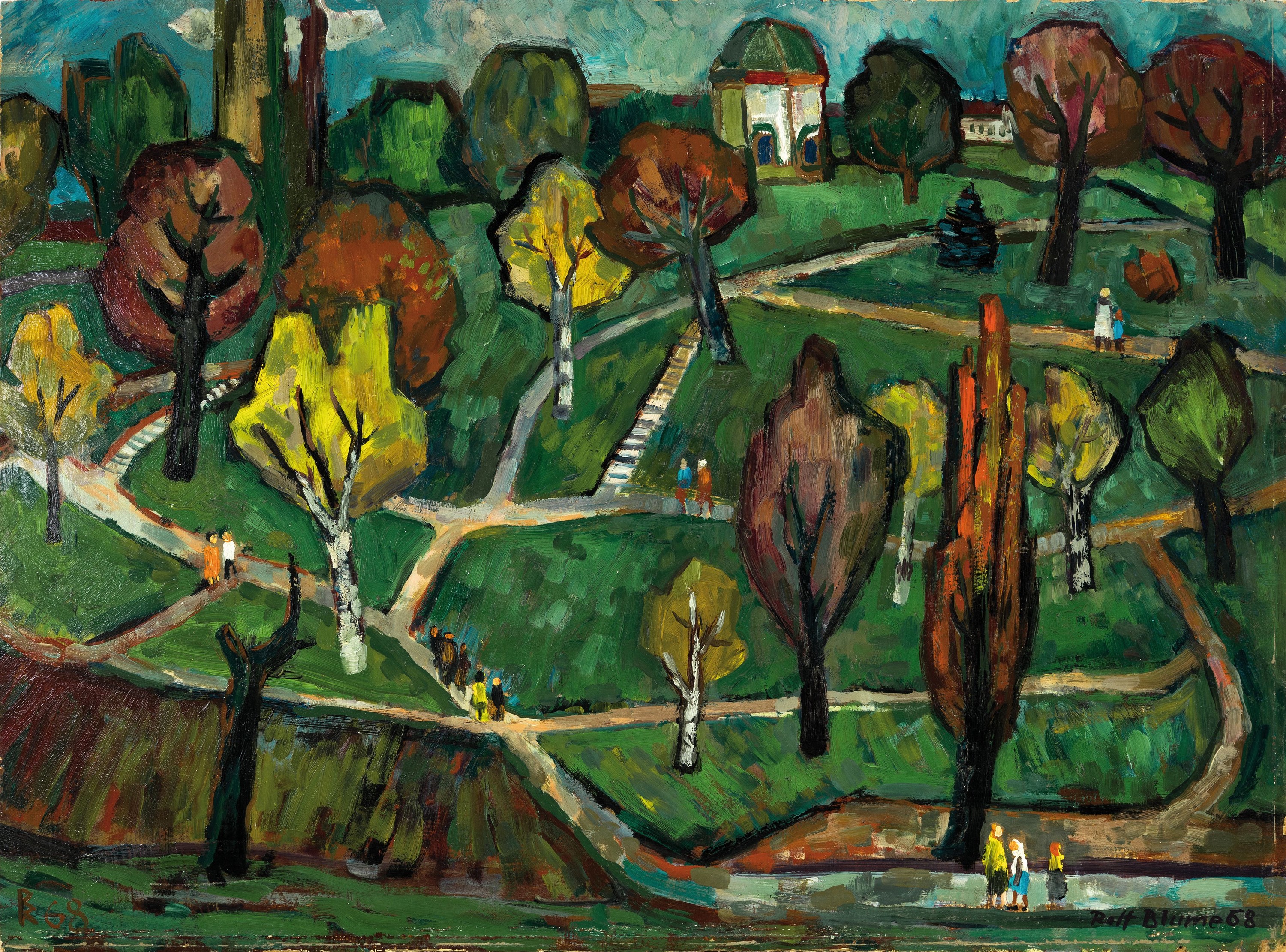 Rolf Blume, 1926-2010 Leipzig, Parklandschaft mit Spaziergängern, Öl/ Malkarton, rechts unten sign. und dat. 68, ca.40.5x54.5cm