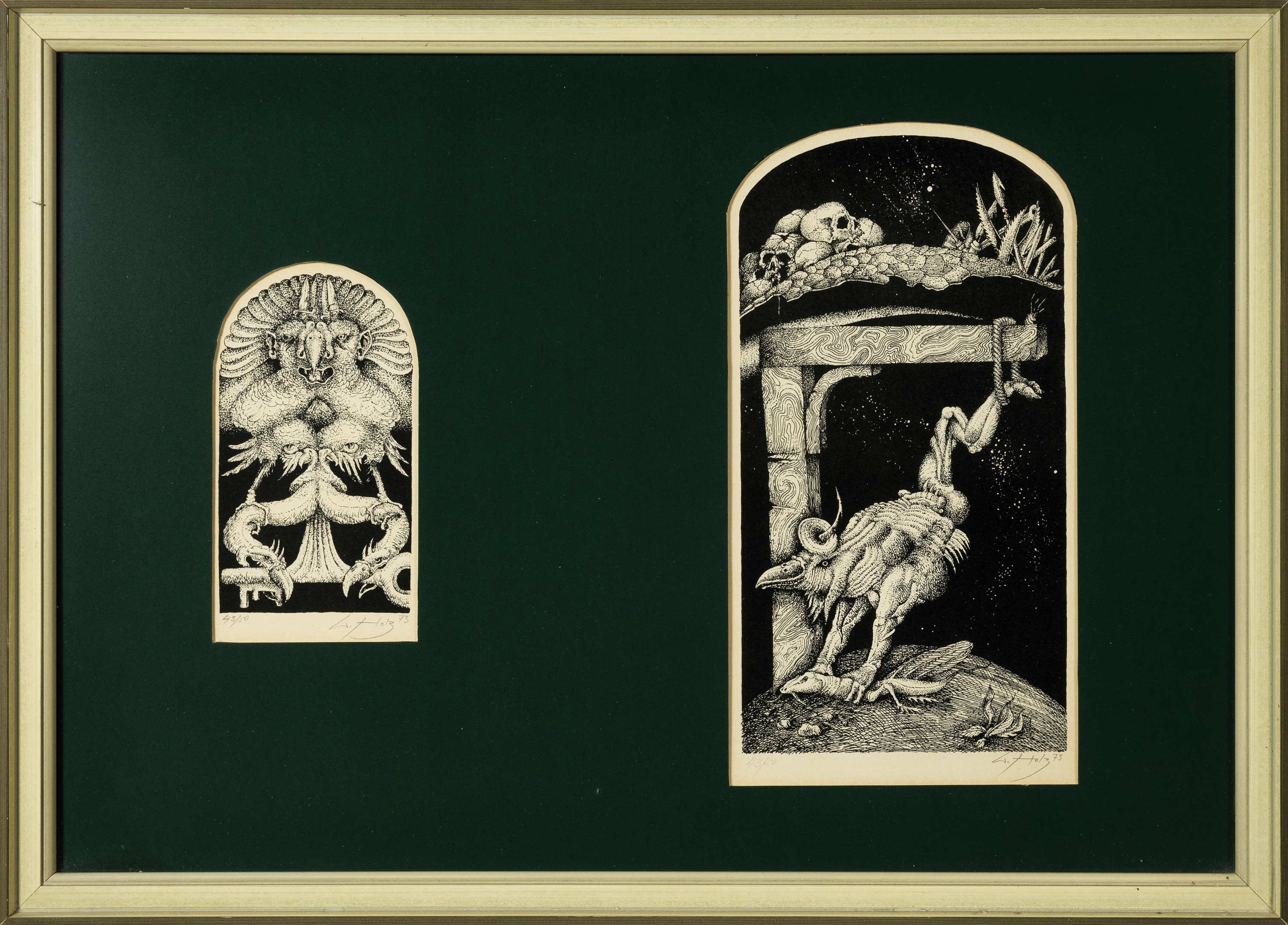 Detail k: Werner Holz, 1948 Grünstadt-1991 Ludwigshafen, Phantastische Fabelwesen und Fabelszene, 2 Lithographien, beide handsign. und num. 43/ 50, ca. 14x8cm ...