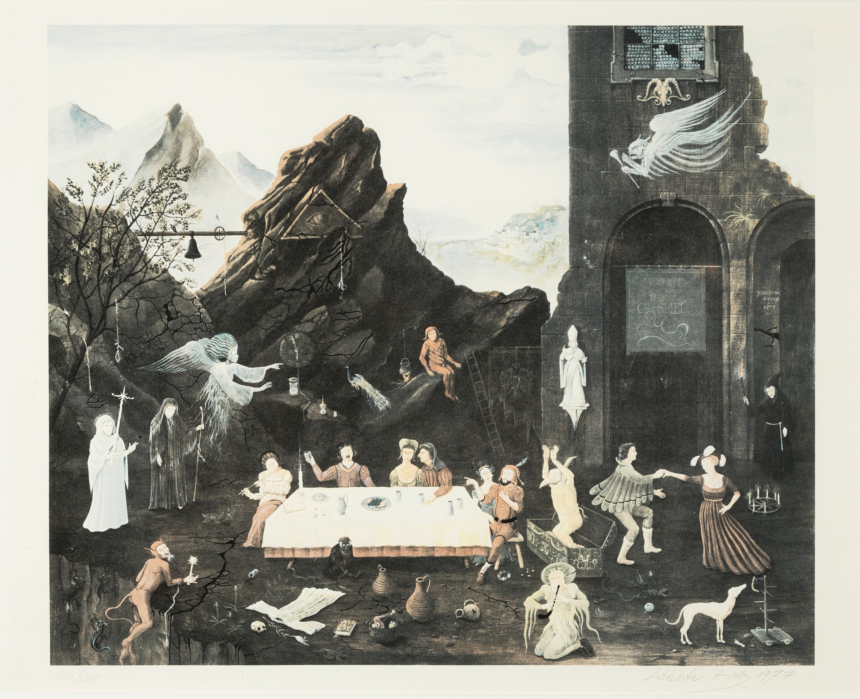 Werner Holz, 1948 Grünstadt-1991 Ludwigshafen, Mittelalterliches Festmahl in phantastischer Kulisse (der Künstler rechts am Tisch), Farboffset, ...