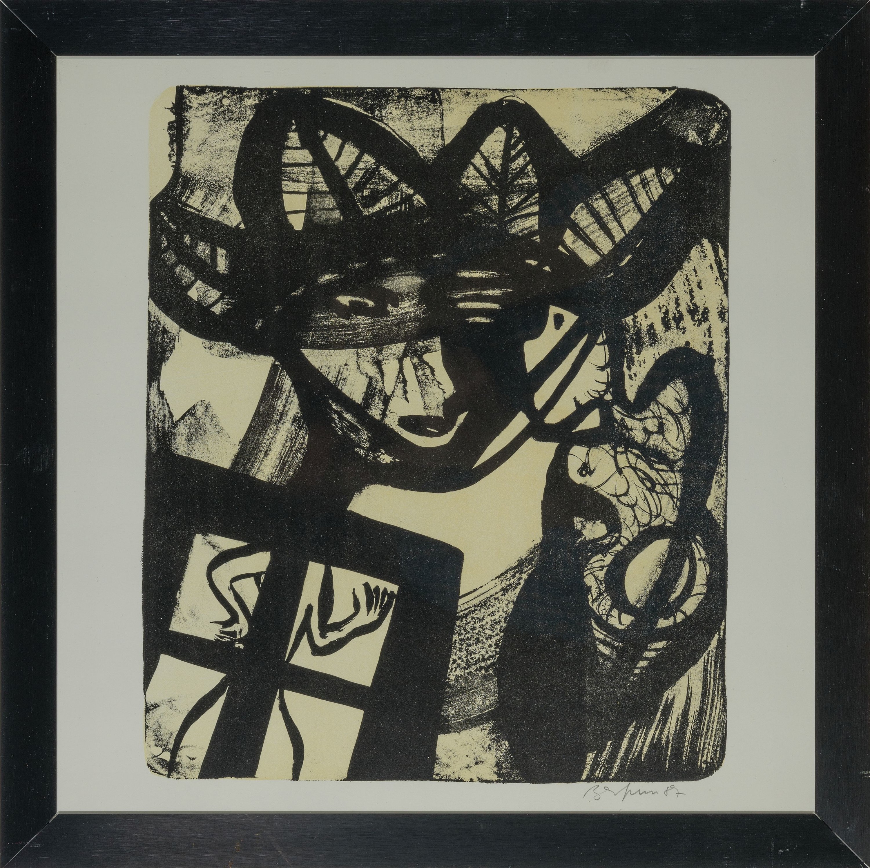 Detail l: Ina Barfuss, geb. 1949 Lüneburg, seit 1978 in Berlin tätig, 2 Grafiken: Stilles Verlangen, Holzschnitt, sign. und dat. 85, ca. 40x30cm, PP, u.Gl., ...