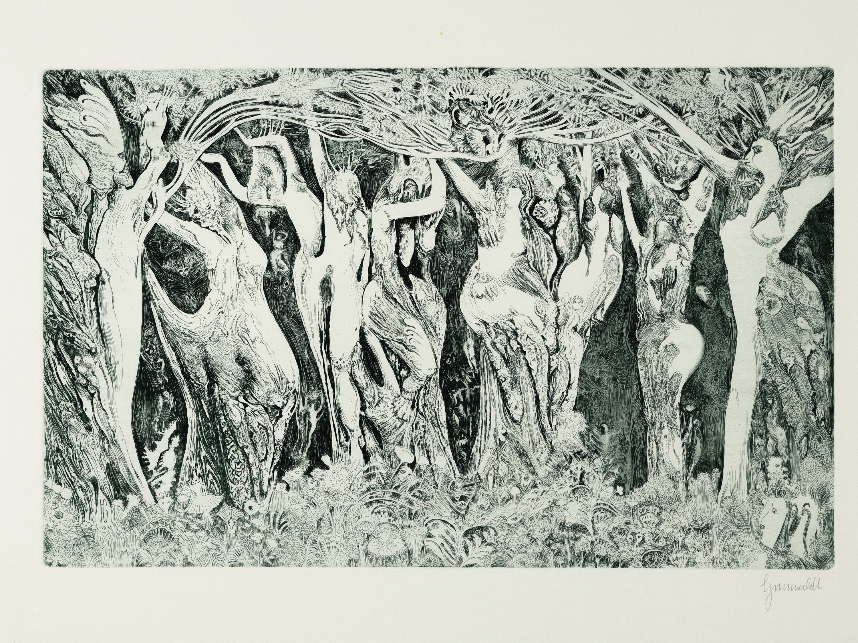 Detail a: Herbert Grunwaldt, 1928-2014 Hamburg, 3 Farbaquatintaradierungen: Elfenwald, sign., ca. 23x36cm, u.Gl., R. ca. 43x47cm; Elfenwald, sign. und dat. ...