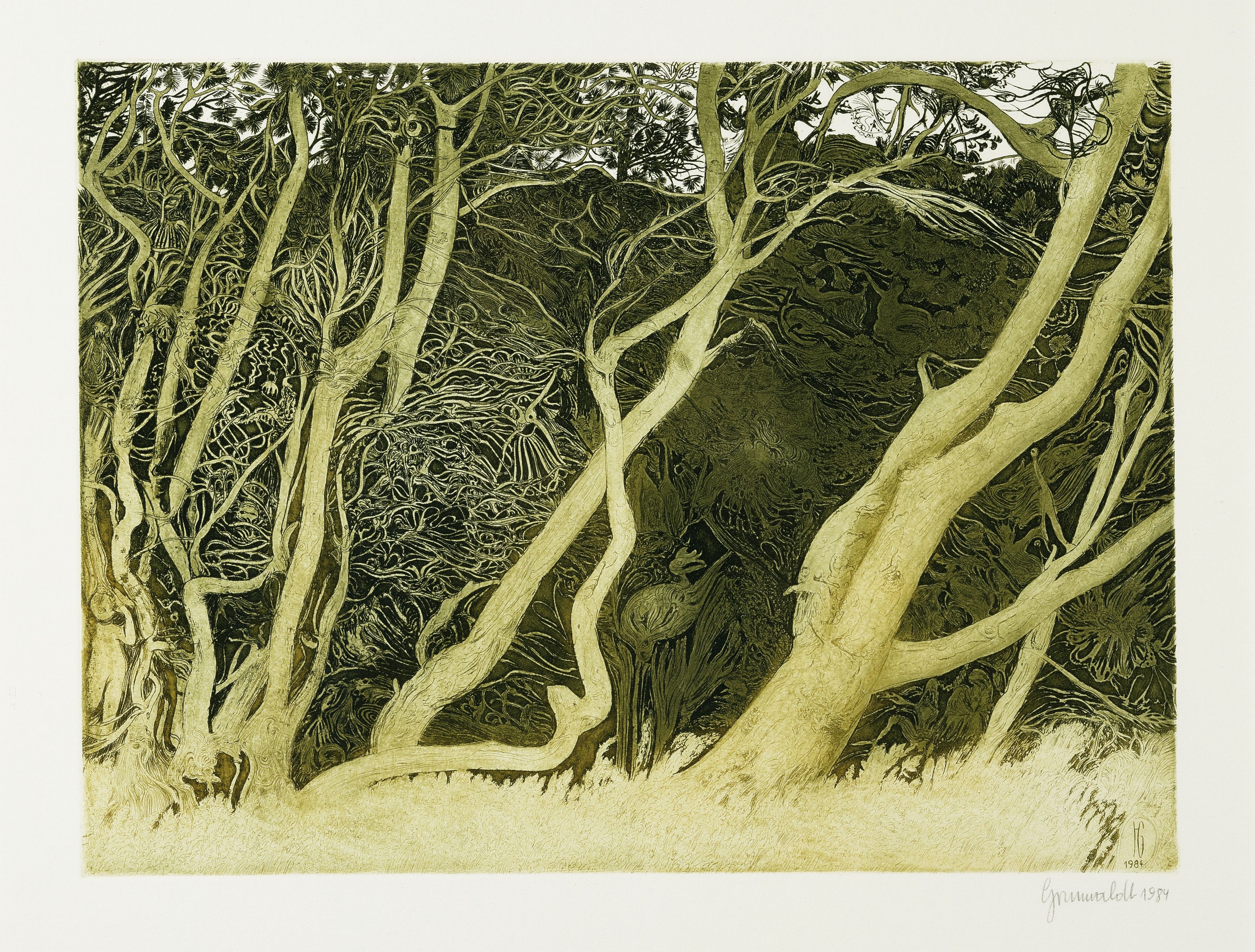 Detail b: Herbert Grunwaldt, 1928-2014 Hamburg, 3 Farbaquatintaradierungen: Elfenwald, sign., ca. 23x36cm, u.Gl., R. ca. 43x47cm; Elfenwald, sign. und dat. ...