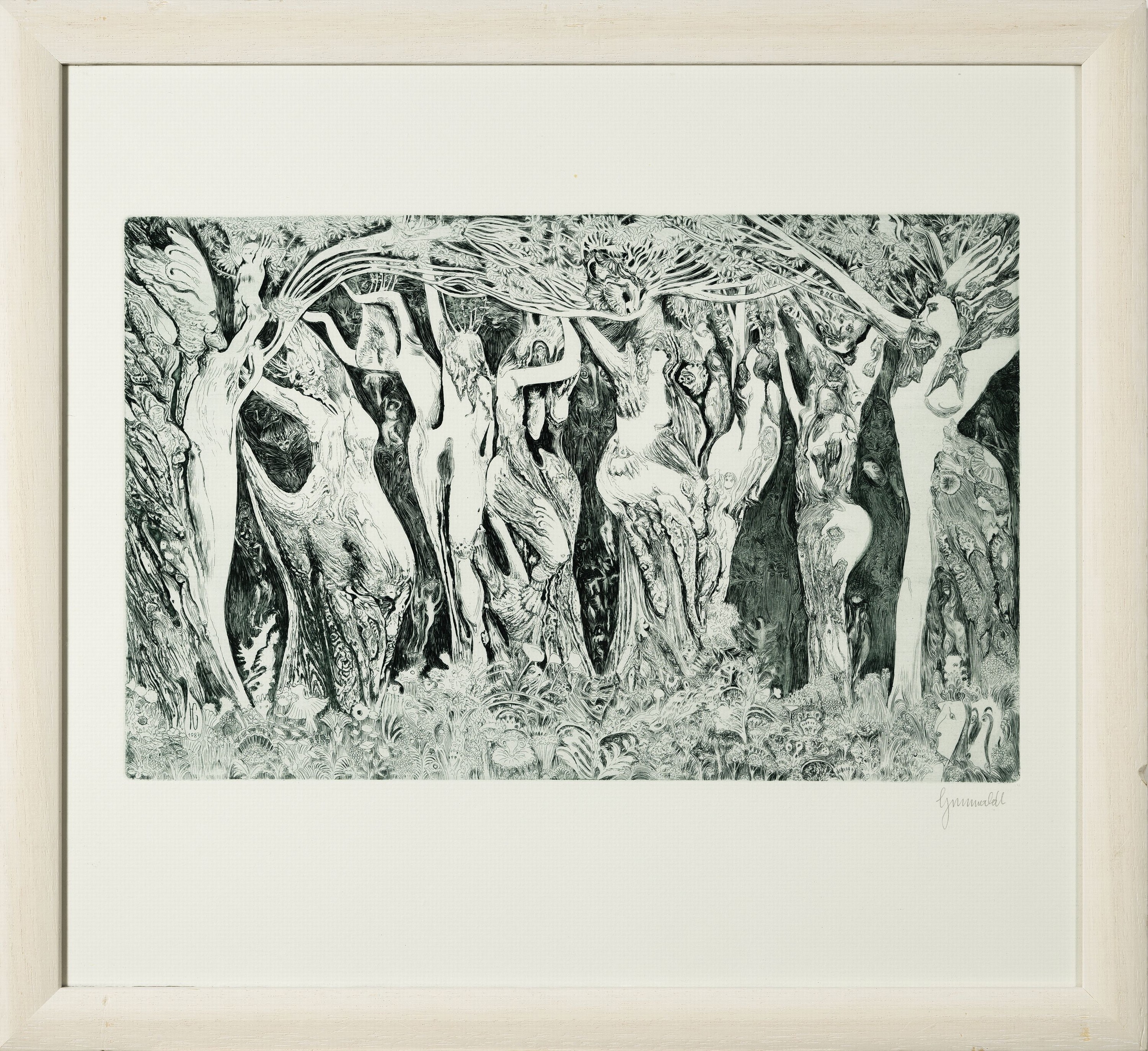 Detail l: Herbert Grunwaldt, 1928-2014 Hamburg, 3 Farbaquatintaradierungen: Elfenwald, sign., ca. 23x36cm, u.Gl., R. ca. 43x47cm; Elfenwald, sign. und dat. ...