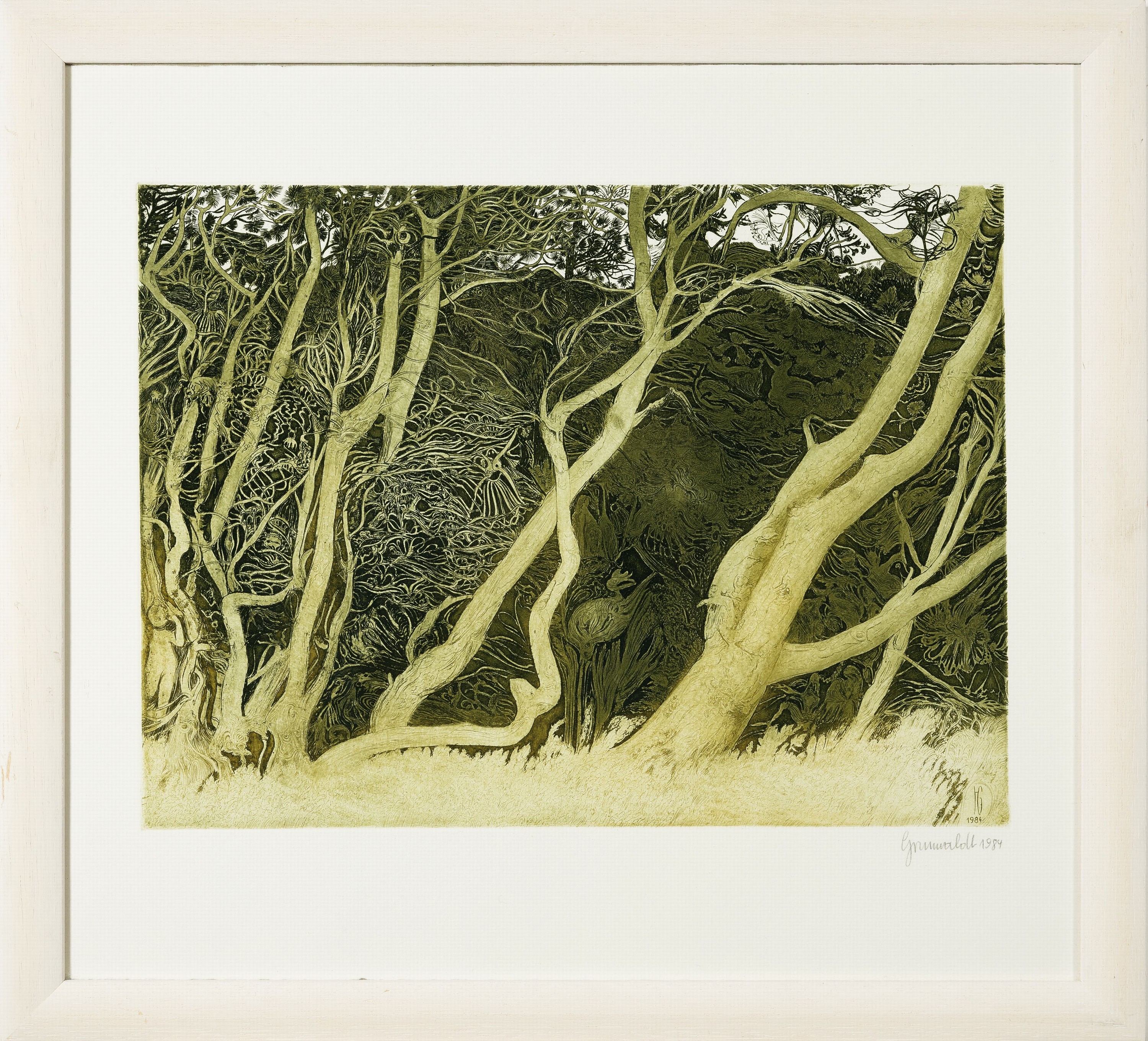 Detail m: Herbert Grunwaldt, 1928-2014 Hamburg, 3 Farbaquatintaradierungen: Elfenwald, sign., ca. 23x36cm, u.Gl., R. ca. 43x47cm; Elfenwald, sign. und dat. ...