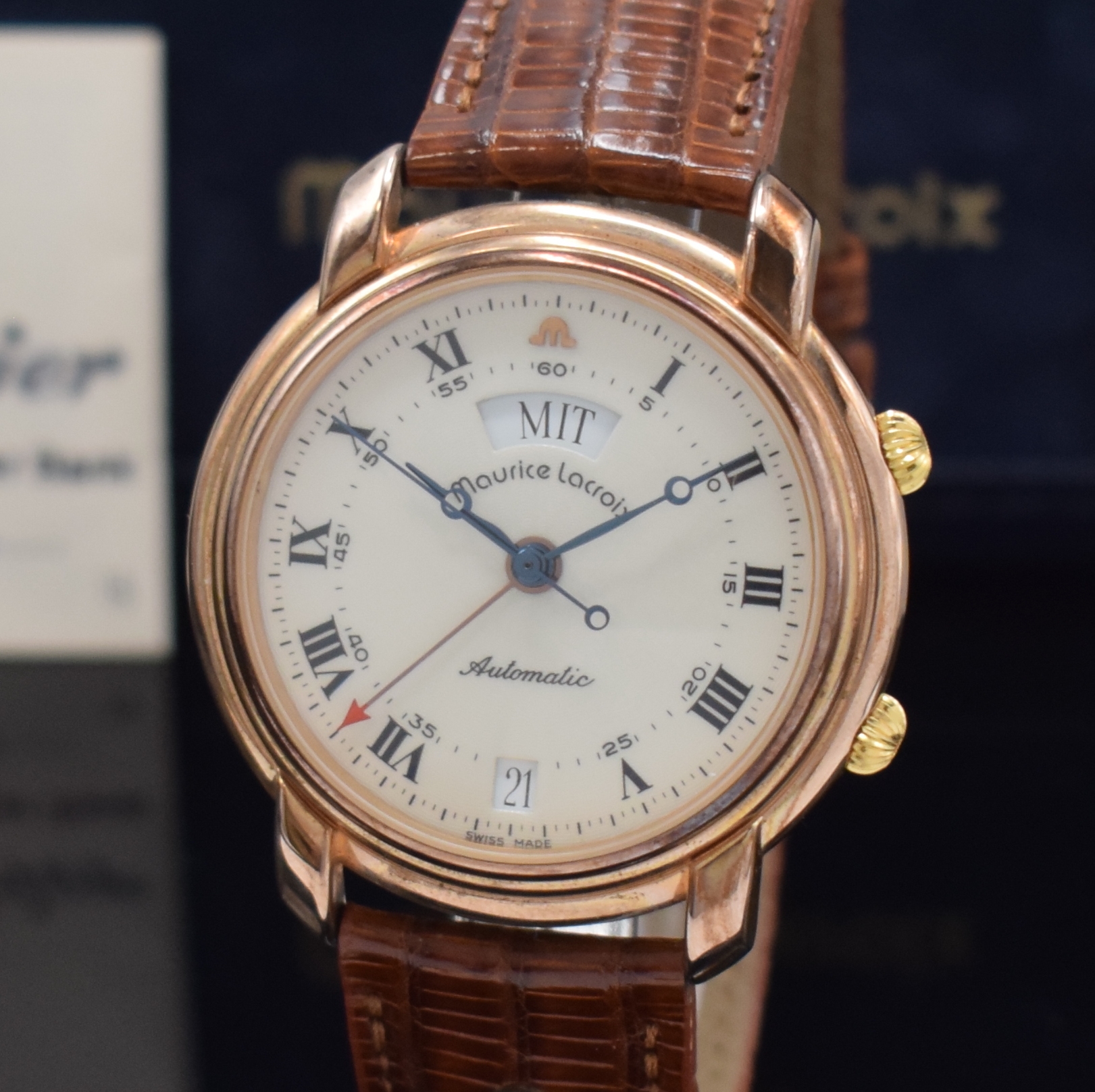 Detail a: MAURICE LACROIX Herrenarmbanduhr mit Wecker Referenz 22197, Schweiz verk. lt. beil. Pap. 03/1991, Automatik, verg. Geh. beids. vergl., orig. ...