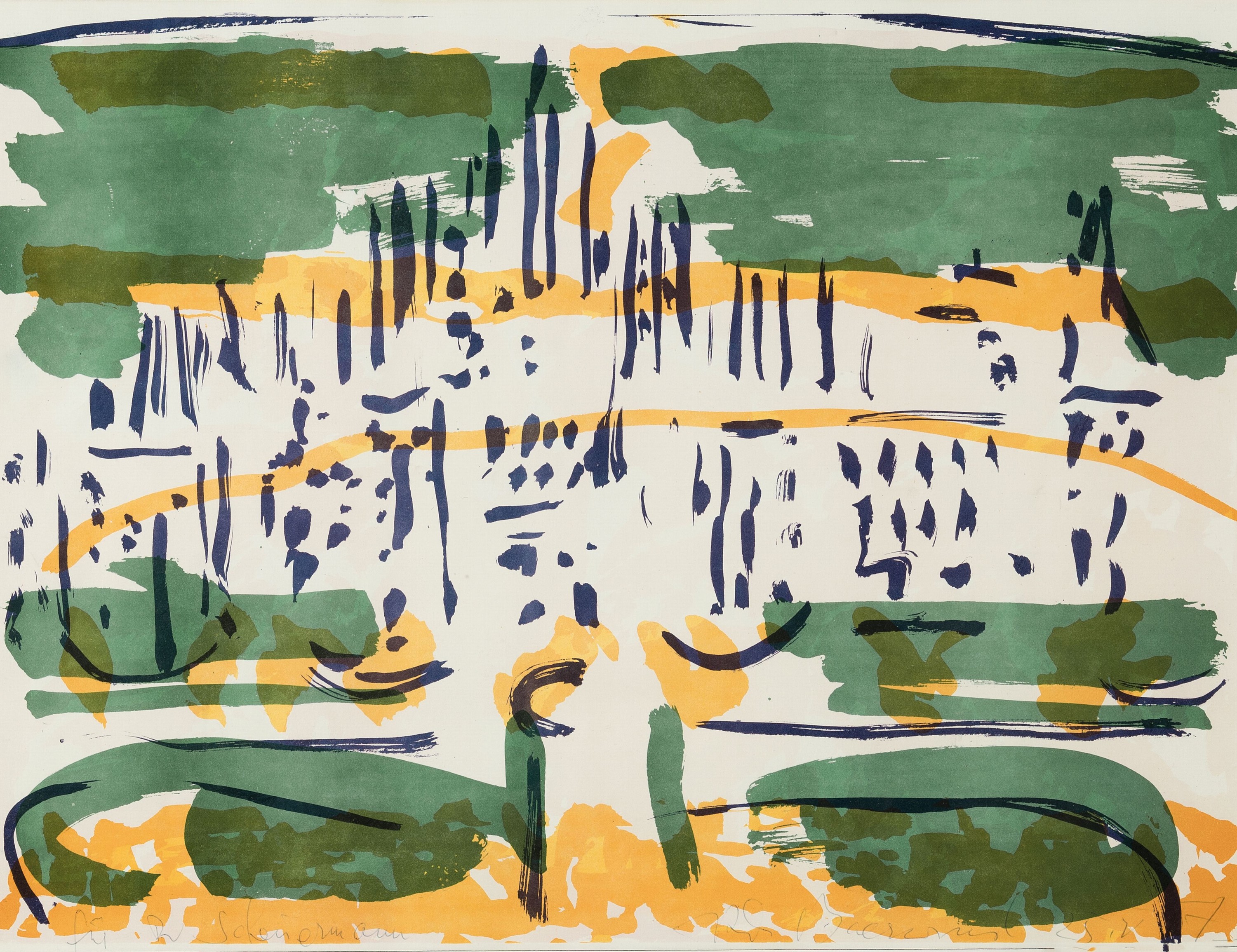 Rudi Baerwind, 1910-1982 Mannheim, Abstrakte Gartenlandschaft, Farblithographie, sign. und dat. 75, Widmung: Für R. Scheuermann, ca. 29x38cm, PP, ...