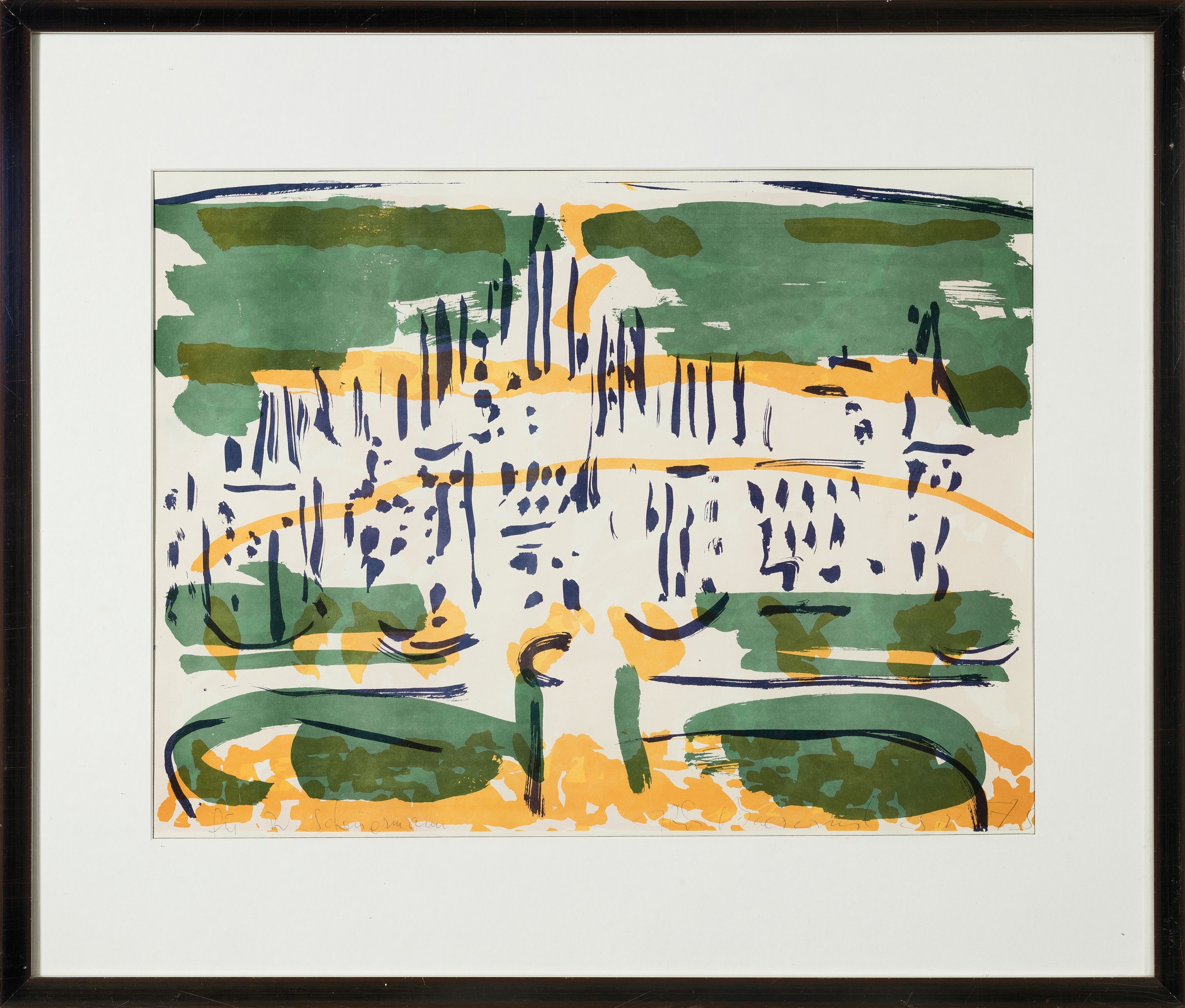 Detail k: Rudi Baerwind, 1910-1982 Mannheim, Abstrakte Gartenlandschaft, Farblithographie, sign. und dat. 75, Widmung: Für R. Scheuermann, ca. 29x38cm, PP, ...
