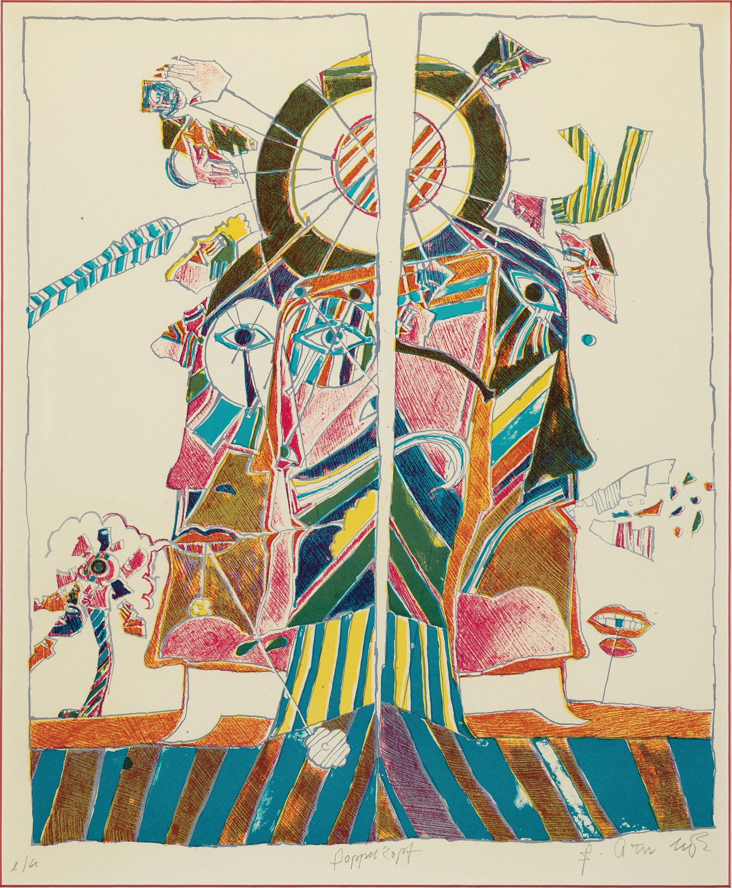 Bernd Kastenholz, geb. 1949 Speyer, Doppelkopf, Farblithographie, sign. und betitelt, bez. e.a., ca. 45x37cm, PP, u.Gl., R. ca. 68x54cm