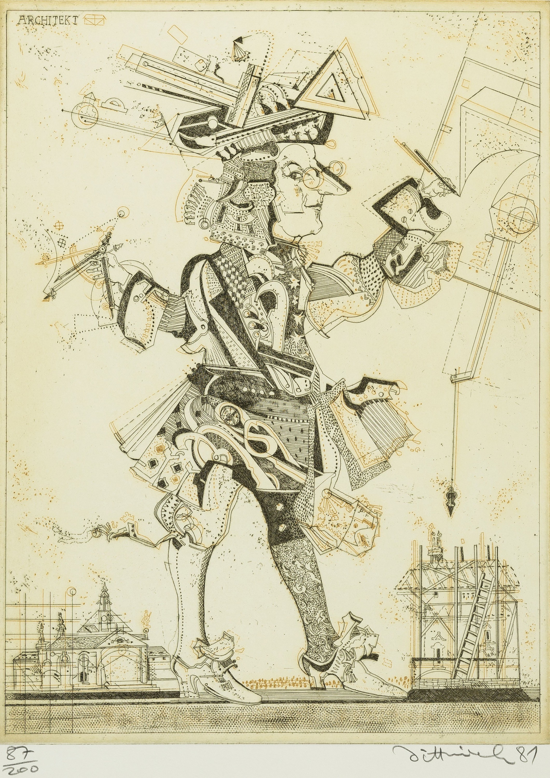 Detail a: Simon Dittrich, 1940 Teplitz-2024 Stuttgart,3 Grafiken: Architekt, Farbradierung, sign. und dat. 81, num. 87/200, ca. 39x29cm, PP, u.Gl., R. ca. ...