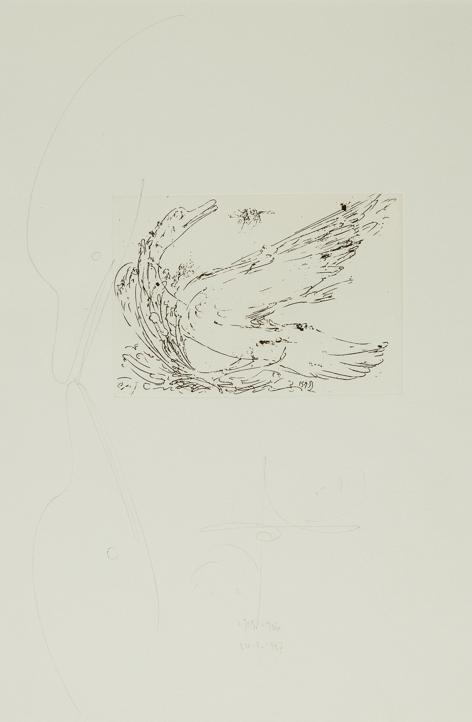 Jonas Hafner, geb. 1940 Augsburg, Schwan und Fliegen-schnäbelnde Schwäne, Radierung mit weiterführender Bleistift- Zeichnung, sign. und dat. 1983, ...