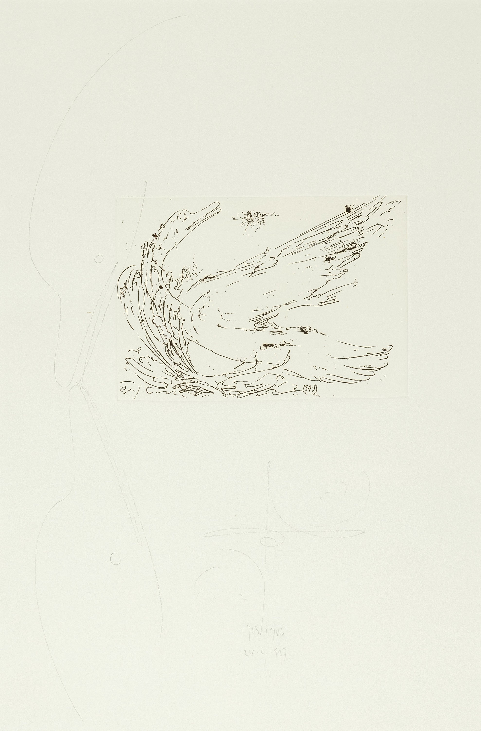 Detail a: Jonas Hafner, geb. 1940 Augsburg, Schwan und Fliegen-schnäbelnde Schwäne, Radierung mit weiterführender Bleistift- Zeichnung, sign. und dat. 1983, ...