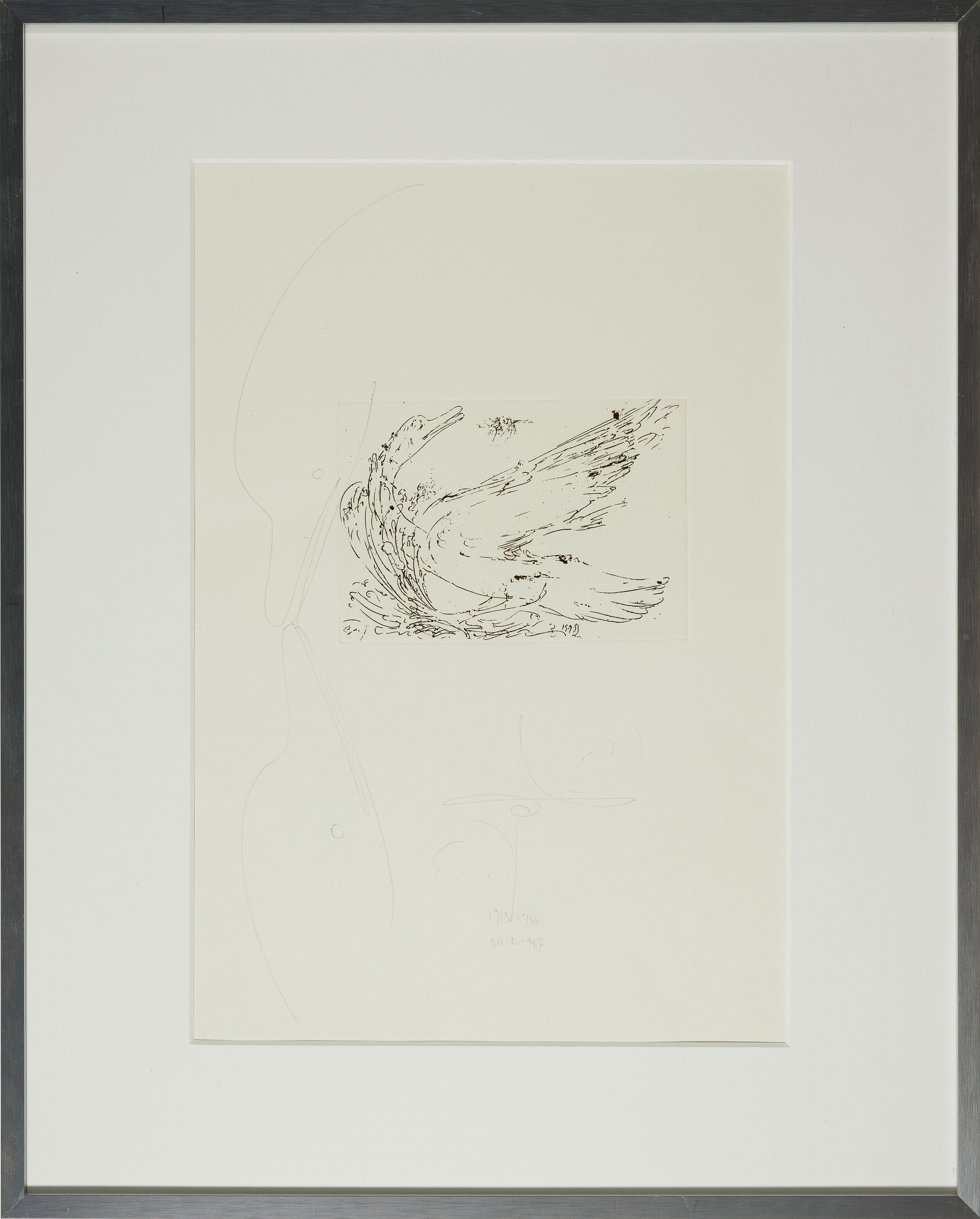 Detail k: Jonas Hafner, geb. 1940 Augsburg, Schwan und Fliegen-schnäbelnde Schwäne, Radierung mit weiterführender Bleistift- Zeichnung, sign. und dat. 1983, ...