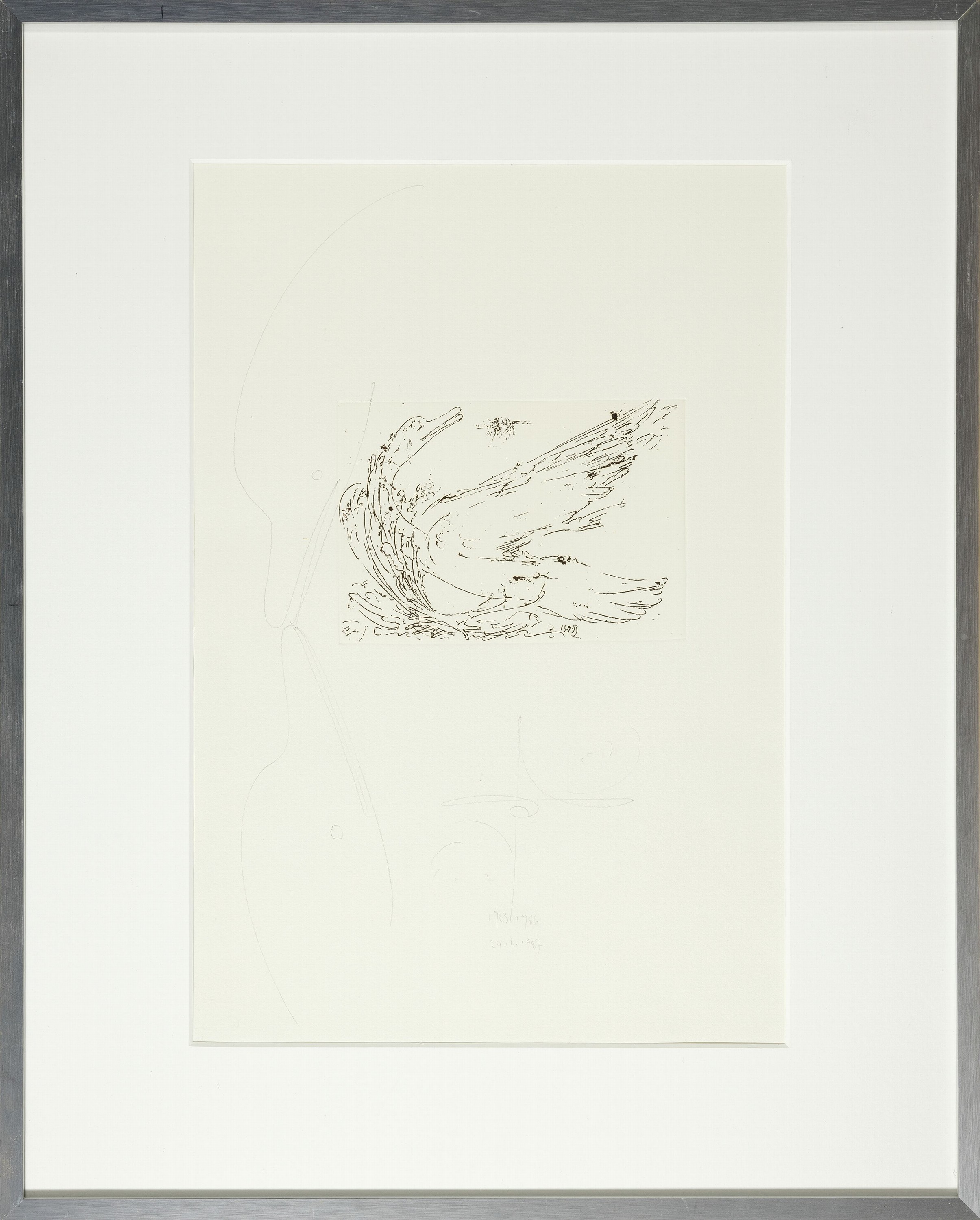 Detail l: Jonas Hafner, geb. 1940 Augsburg, Schwan und Fliegen-schnäbelnde Schwäne, Radierung mit weiterführender Bleistift- Zeichnung, sign. und dat. 1983, ...