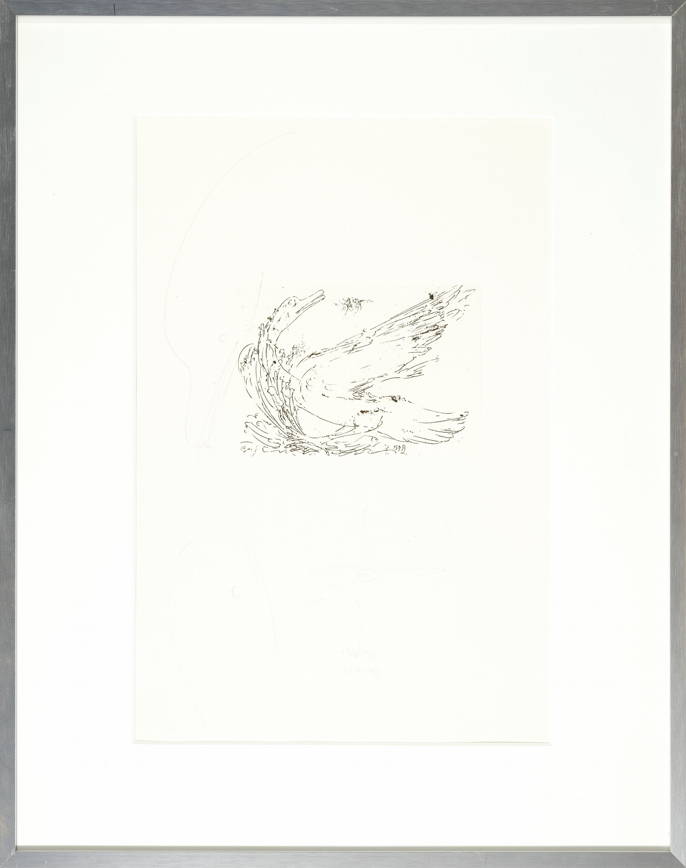 Detail m: Jonas Hafner, geb. 1940 Augsburg, Schwan und Fliegen-schnäbelnde Schwäne, Radierung mit weiterführender Bleistift- Zeichnung, sign. und dat. 1983, ...