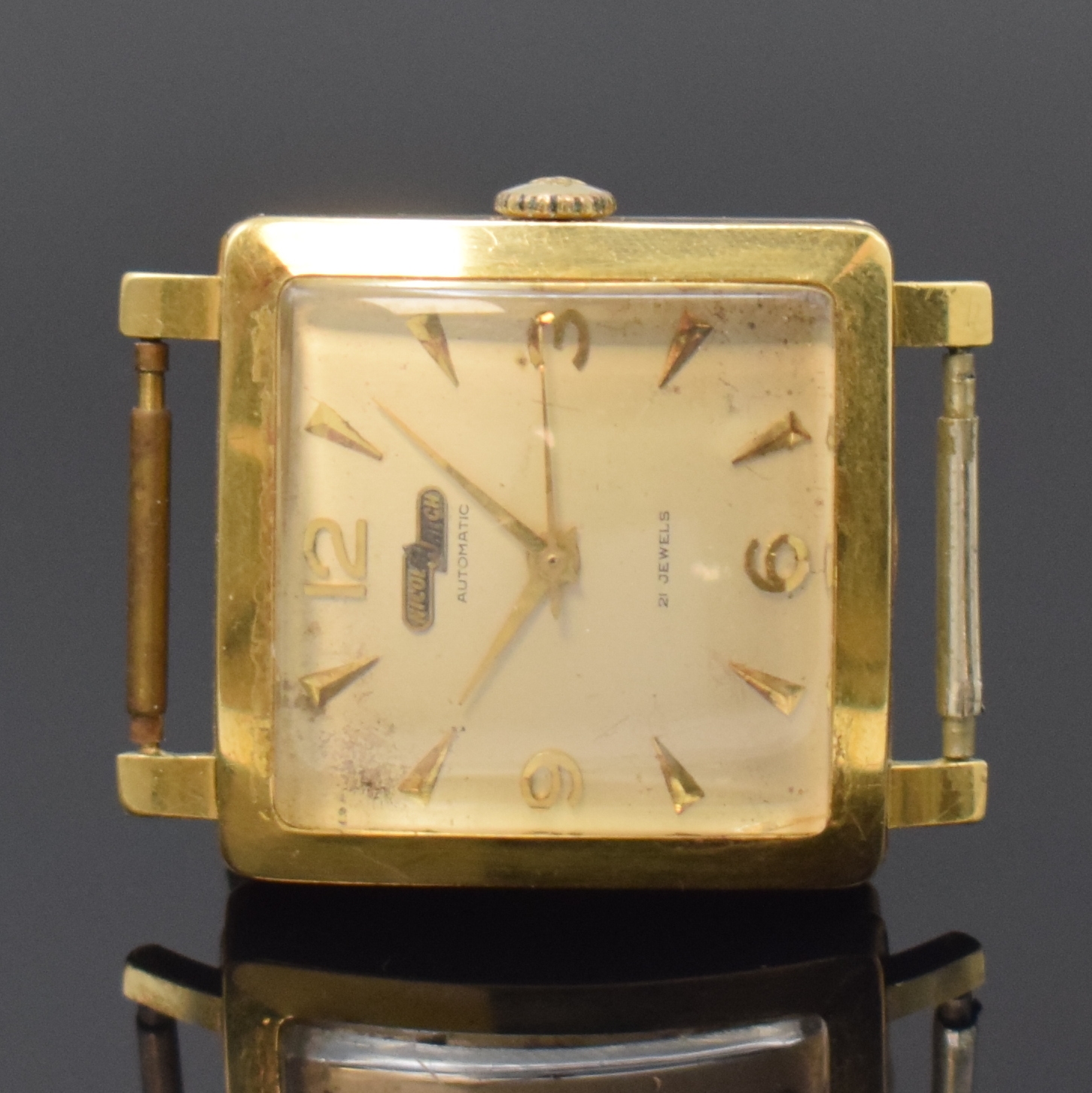 NICOLET WATCH Armbanduhr in GG 750/000, Schweiz um 1960, Automatik, 2-teil. Geh., Boden m. Widmung aufgedr., silb. Zifferbl. m. aufgel. Indizes ...