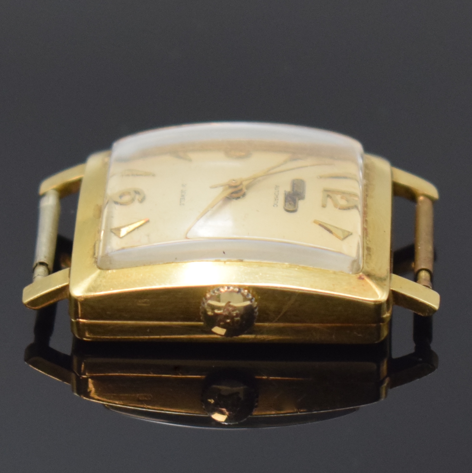 Detail a: NICOLET WATCH Armbanduhr in GG 750/000, Schweiz um 1960, Automatik, 2-teil. Geh., Boden m. Widmung aufgedr., silb. Zifferbl. m. aufgel. Indizes ...