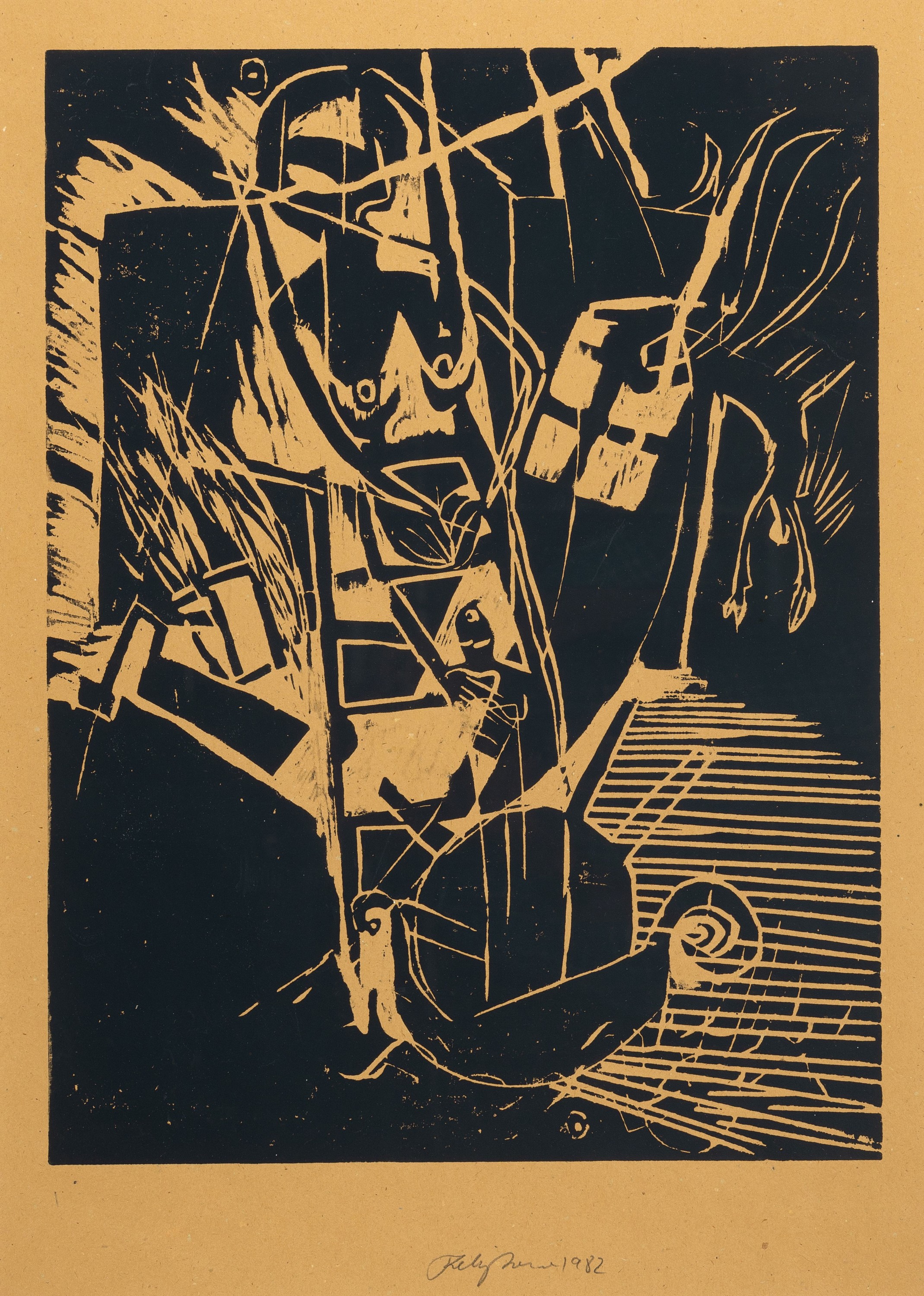 Felix Droese, geb. 1950 Singen, 3 Holzschnitte: Unser Leben, sign. und dat. 1982, ca. 60x45cm, PP, u.Gl., R. ca. 97x77cm; a-Schlüssel im Holz, sign. ...