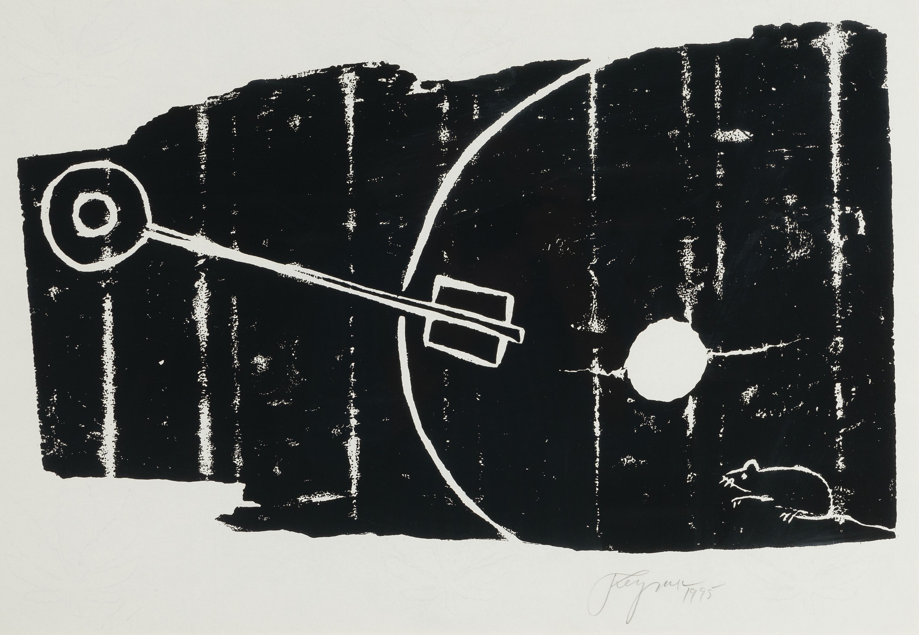 Detail b: Felix Droese, geb. 1950 Singen, 3 Holzschnitte: Unser Leben, sign. und dat. 1982, ca. 60x45cm, PP, u.Gl., R. ca. 97x77cm; a-Schlüssel im Holz, sign. ...