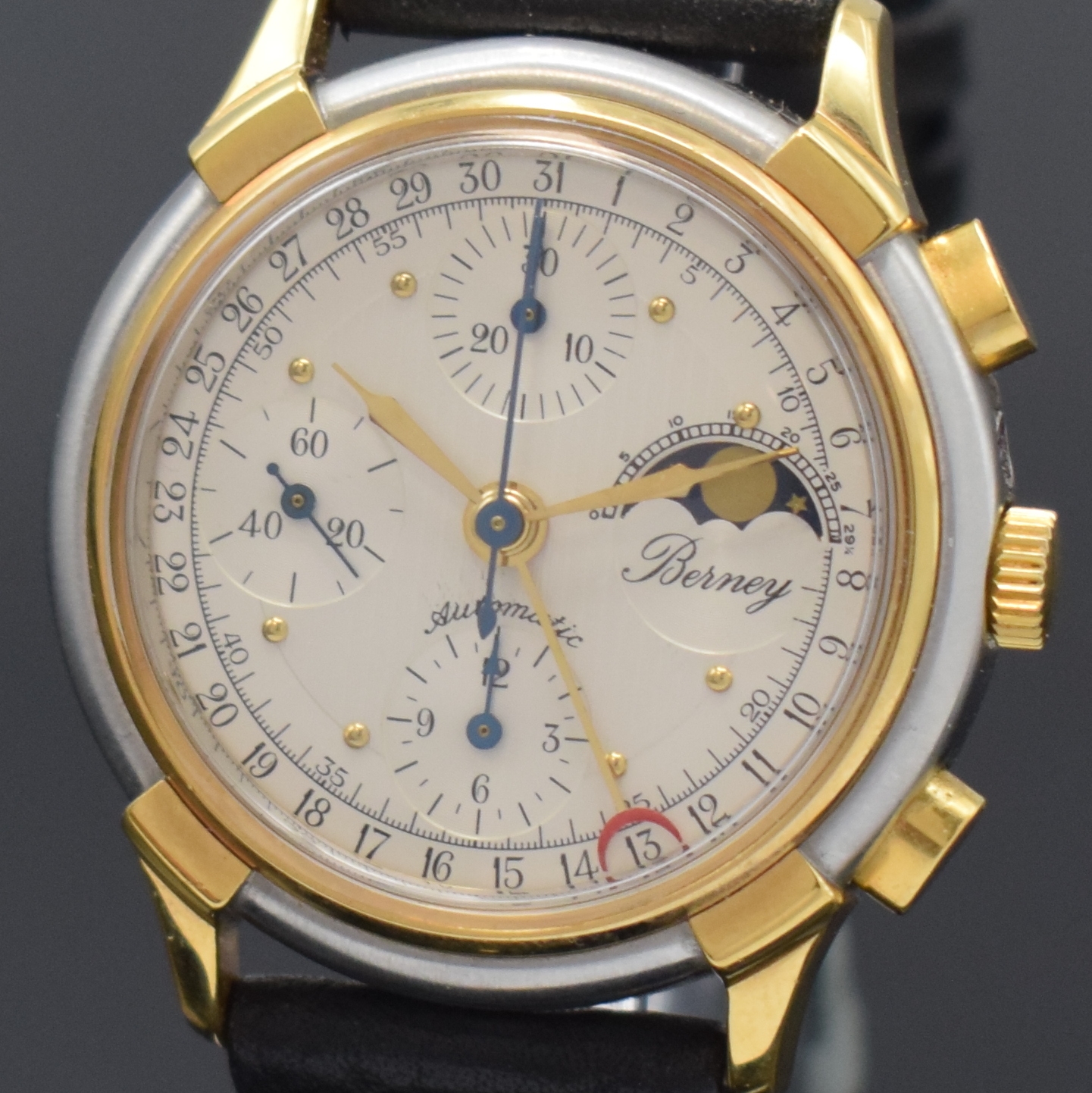 Detail a: BERNEY Armbandchronograph mit Datum und Mondphase, Schweiz um 1990, z. T. verg. Edelstahlgeh., Boden verschr., silb. Zifferbl. z. T. guill., ...