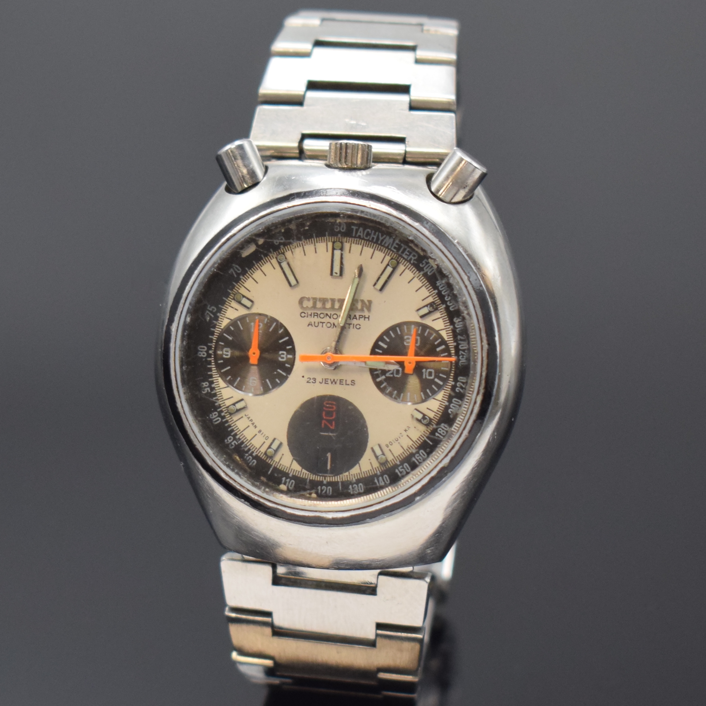 CITIZEN Automatikchronograph sog. Bullhead Referenz 4-901053 Y, Automatik, Japan 1970er Jahre, Metallgeh. inkl. orig. Gliederband m. Faltschl., ...