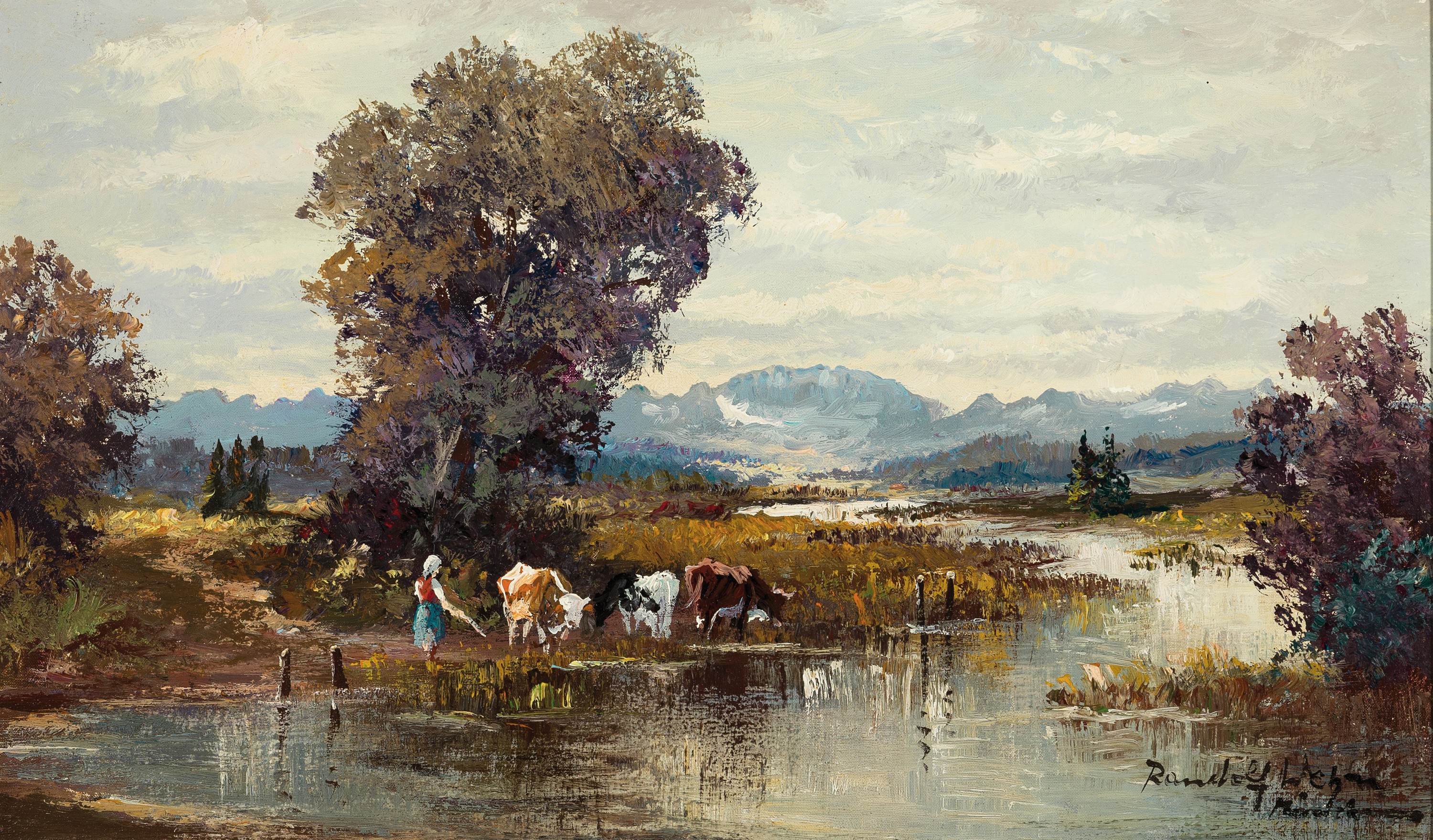 Randolf Wehn, 1911-1990 München, Landschaft im Dachauer Moos, Bäuerin mit Kühen an der Tränke, rechts unten signiert, Öl/Lwd, 31x50 cm, Rahmen ...