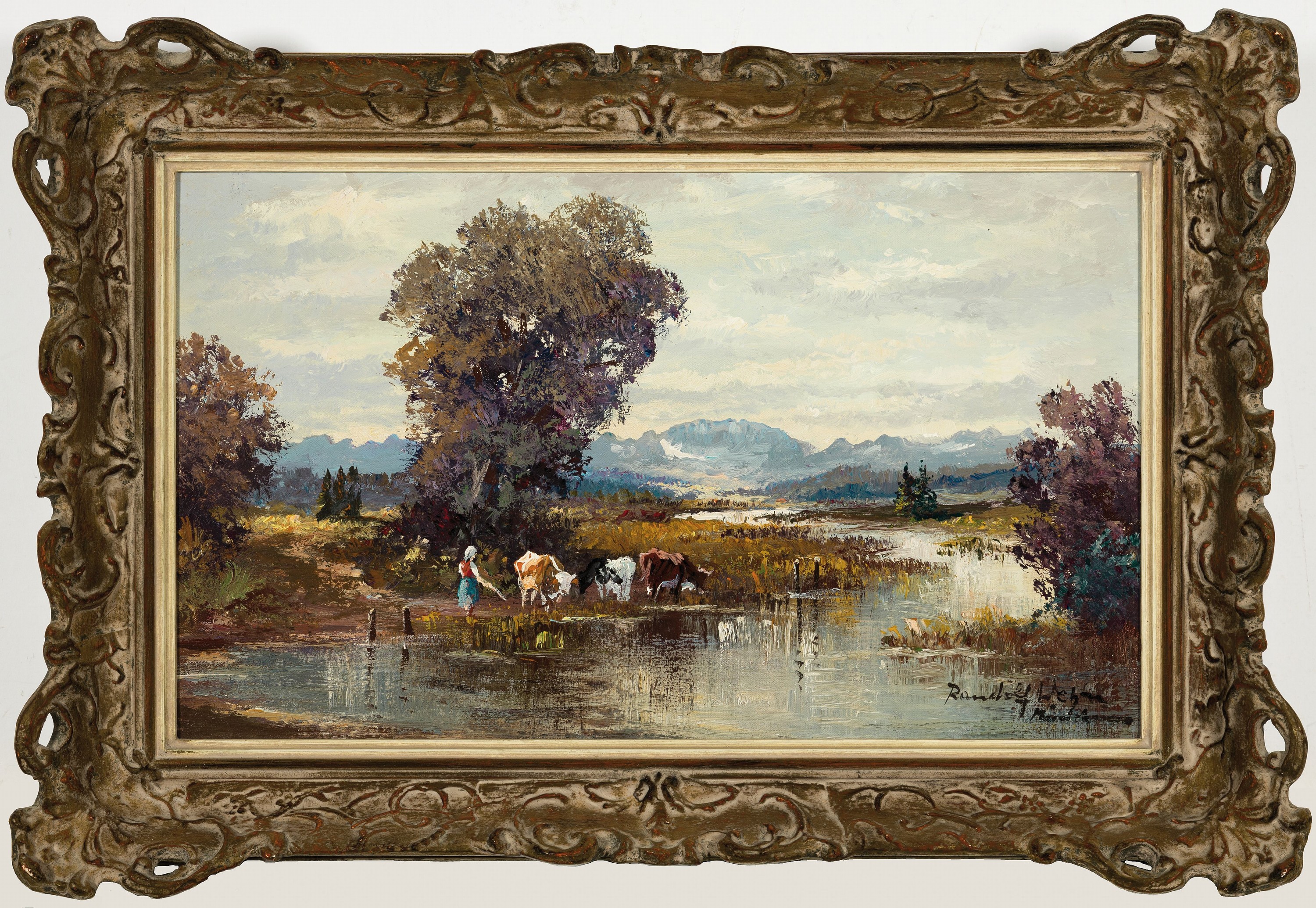 Detail k: Randolf Wehn, 1911-1990 München, Landschaft im Dachauer Moos, Bäuerin mit Kühen an der Tränke, rechts unten signiert, Öl/Lwd, 31x50 cm, Rahmen ...