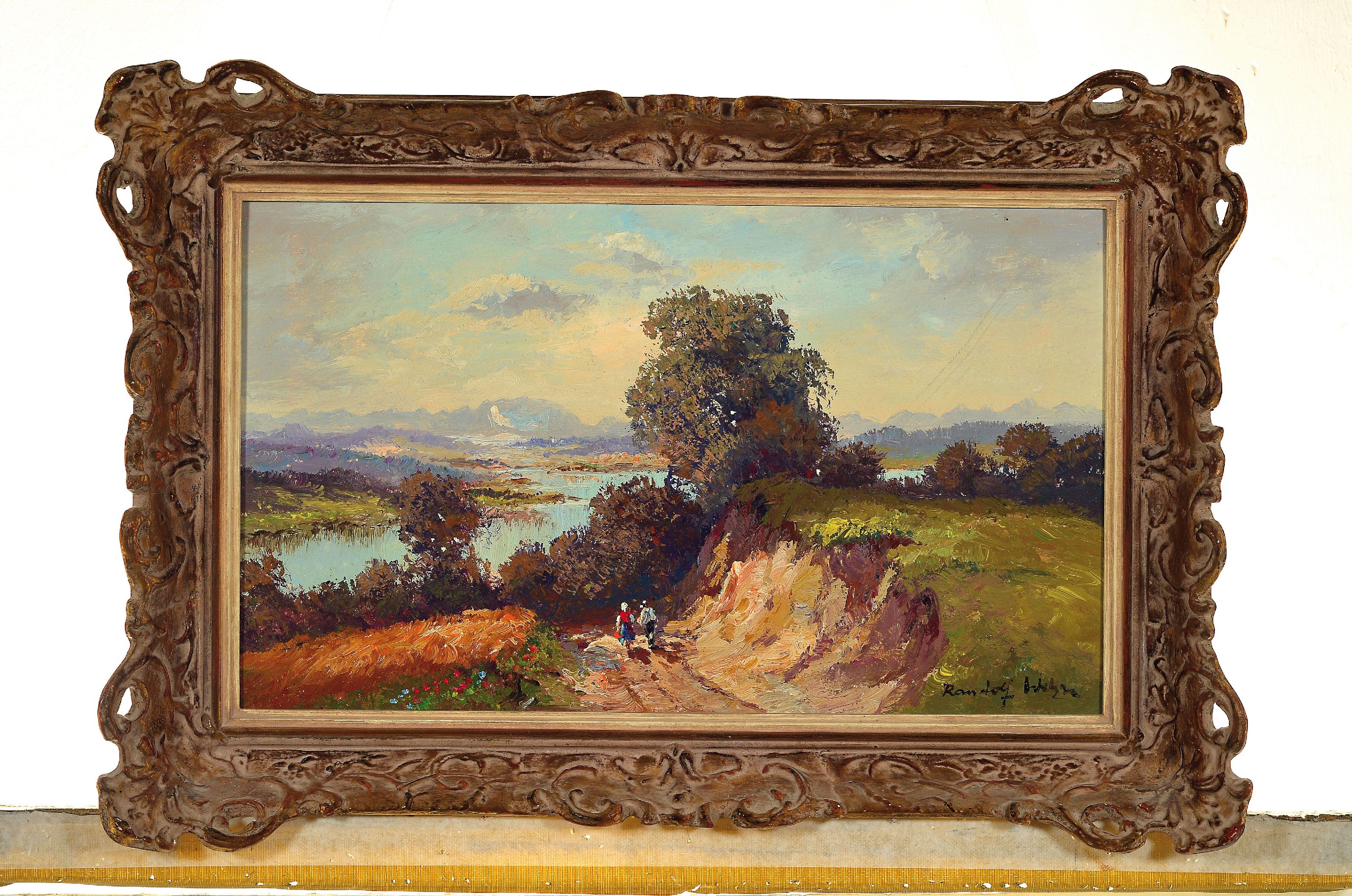 Detail k: Randolf Wehn, 1911-1990 München, Landschaft im Dachauer Moos, Wanderer vor Flusslauf, rechts unten signiert, Öl/Lwd, 31x50 cm, Rahmen 41x60 cm