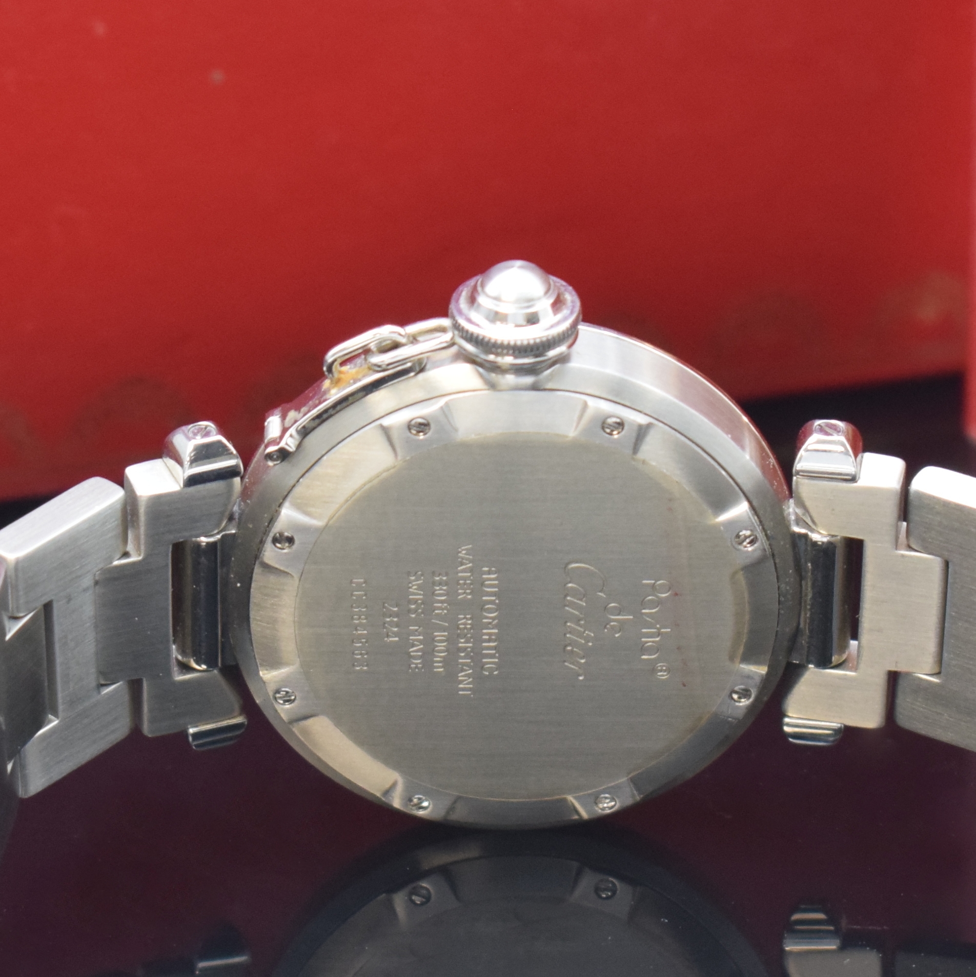 Detail c: CARTIER Pasha Armbanduhr in Stahl Referenz 2324, Schweiz verk. lt. beil. Pap. 01/1997, Automatik, orig. Gliederband m. dopp. Faltschl., Boden 8-fach ...