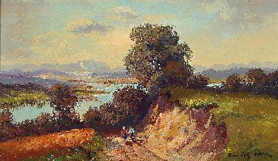 Image 26888119 - Randolf Wehn, 1911-1990 München, Landschaft im Dachauer Moos, Wanderer vor ...