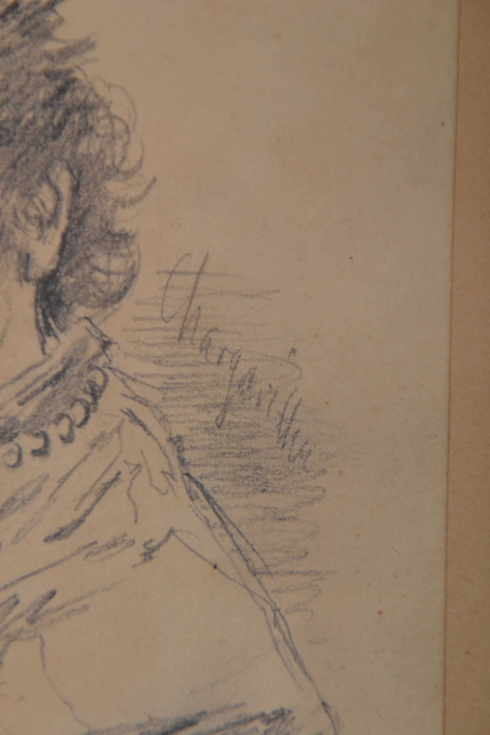 Detail b: Wilhelm Carl Räuber, 1849 Marienwerder-1926 München, Bleistift auf chamoisfarbenem Papier, Kniestück eines jungen Mädchens, 1876,bezeichnet ...
