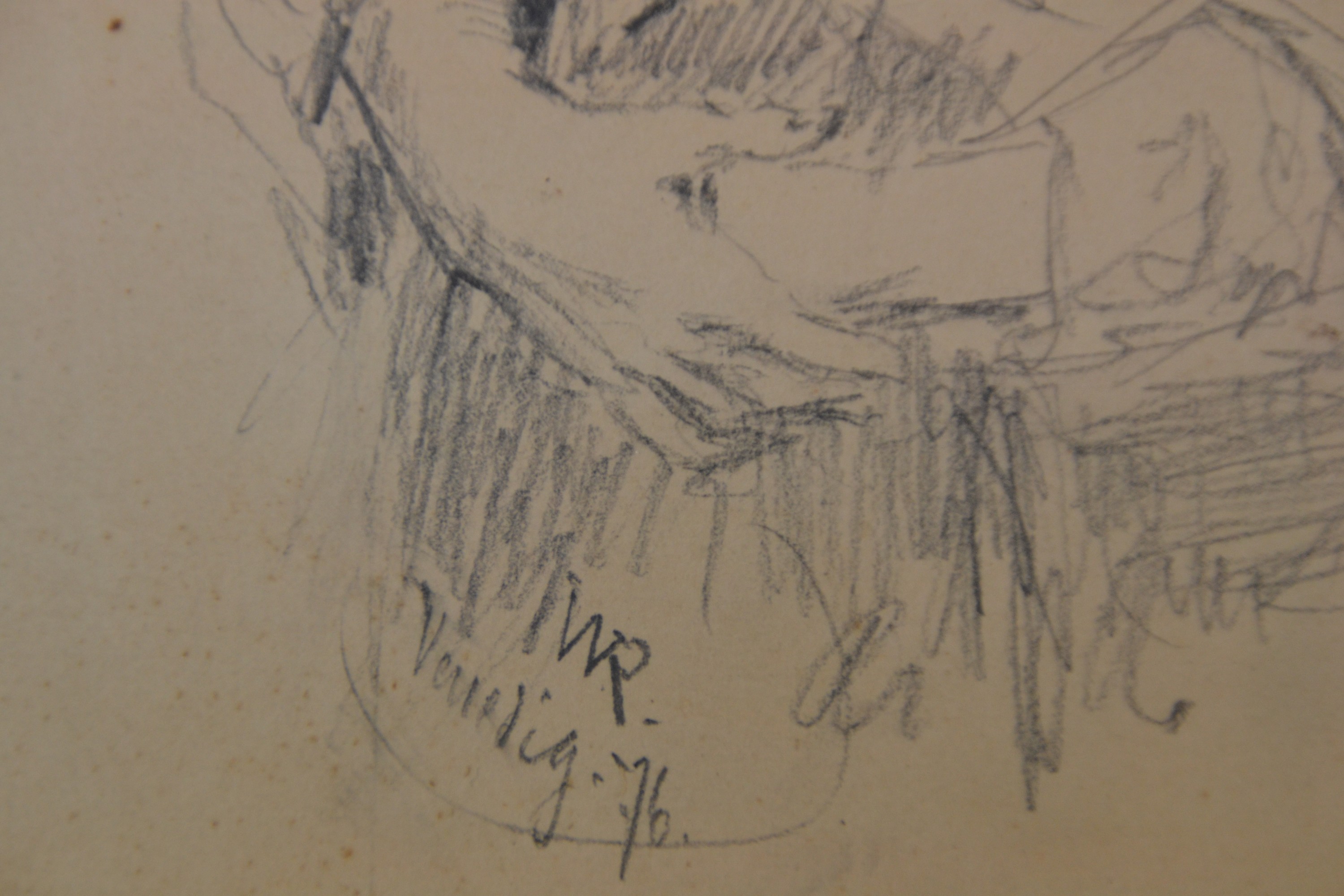 Detail c: Wilhelm Carl Räuber, 1849 Marienwerder-1926 München, Bleistift auf chamoisfarbenem Papier, Kniestück eines jungen Mädchens, 1876,bezeichnet ...