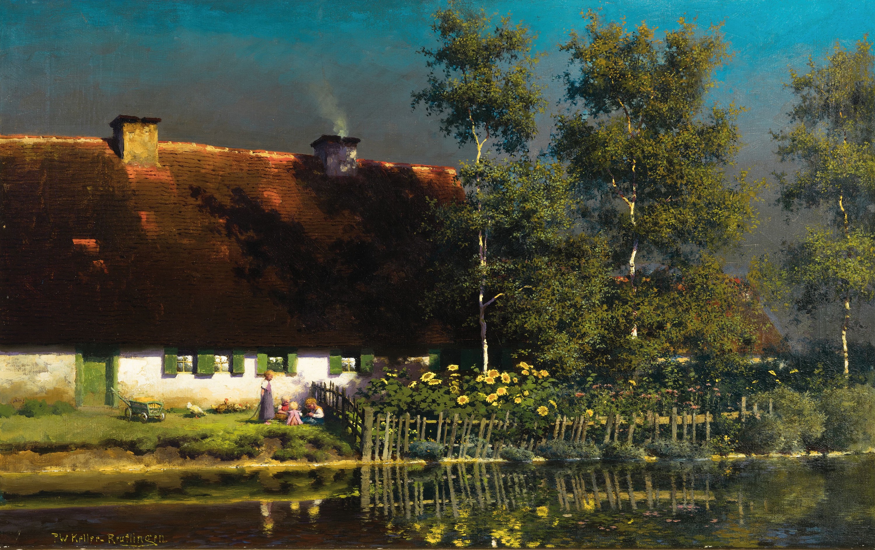 Paul Wilhelm Keller-Reutlingen, 1854 Reutlingen-1920 München, Bauernhaus am Flussufer, davor spielende Kinder und Sonnenblumen, Abendstimmung, ...