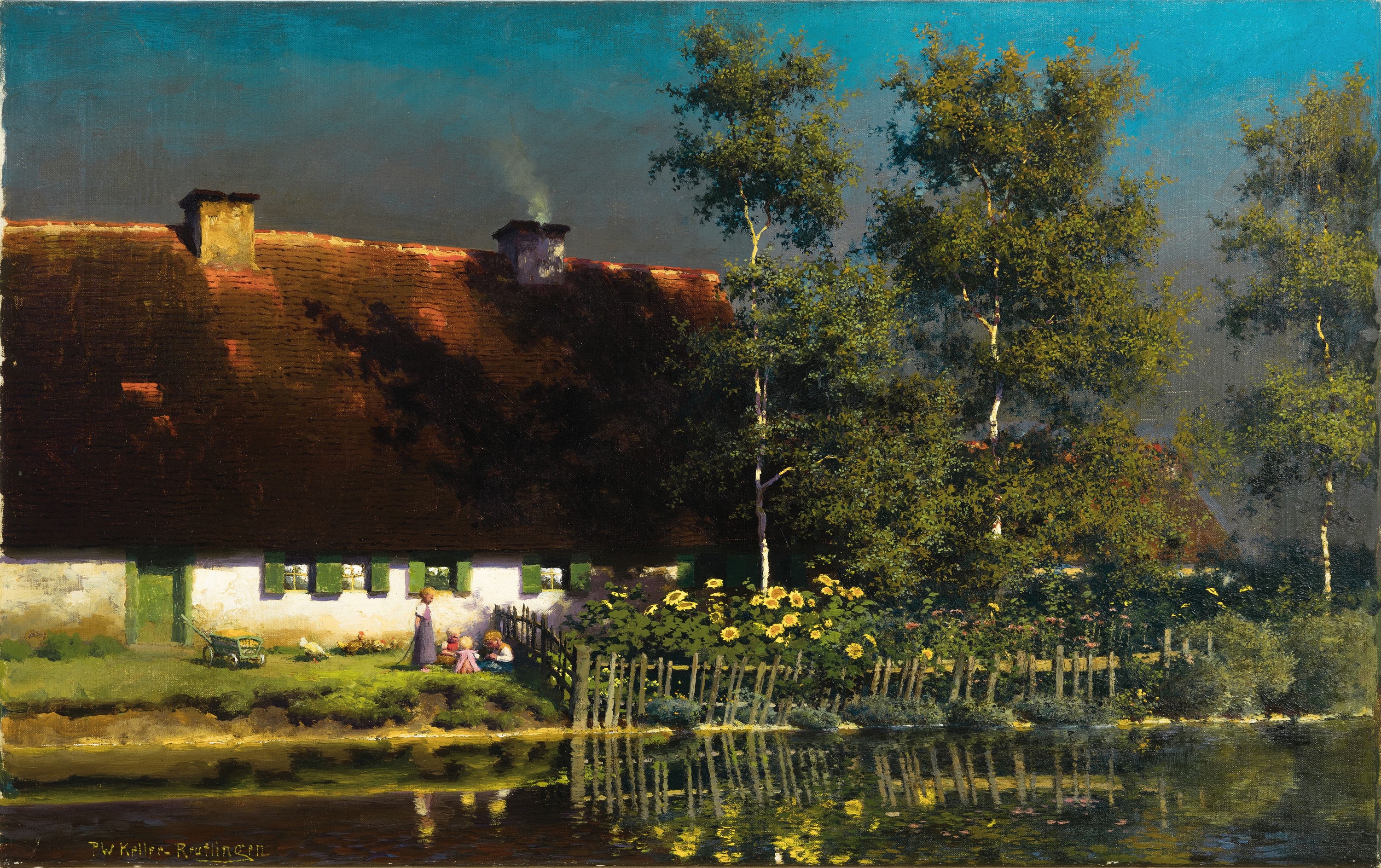 Detail k: Paul Wilhelm Keller-Reutlingen, 1854 Reutlingen-1920 München, Bauernhaus am Flussufer, davor spielende Kinder und Sonnenblumen, Abendstimmung, ...