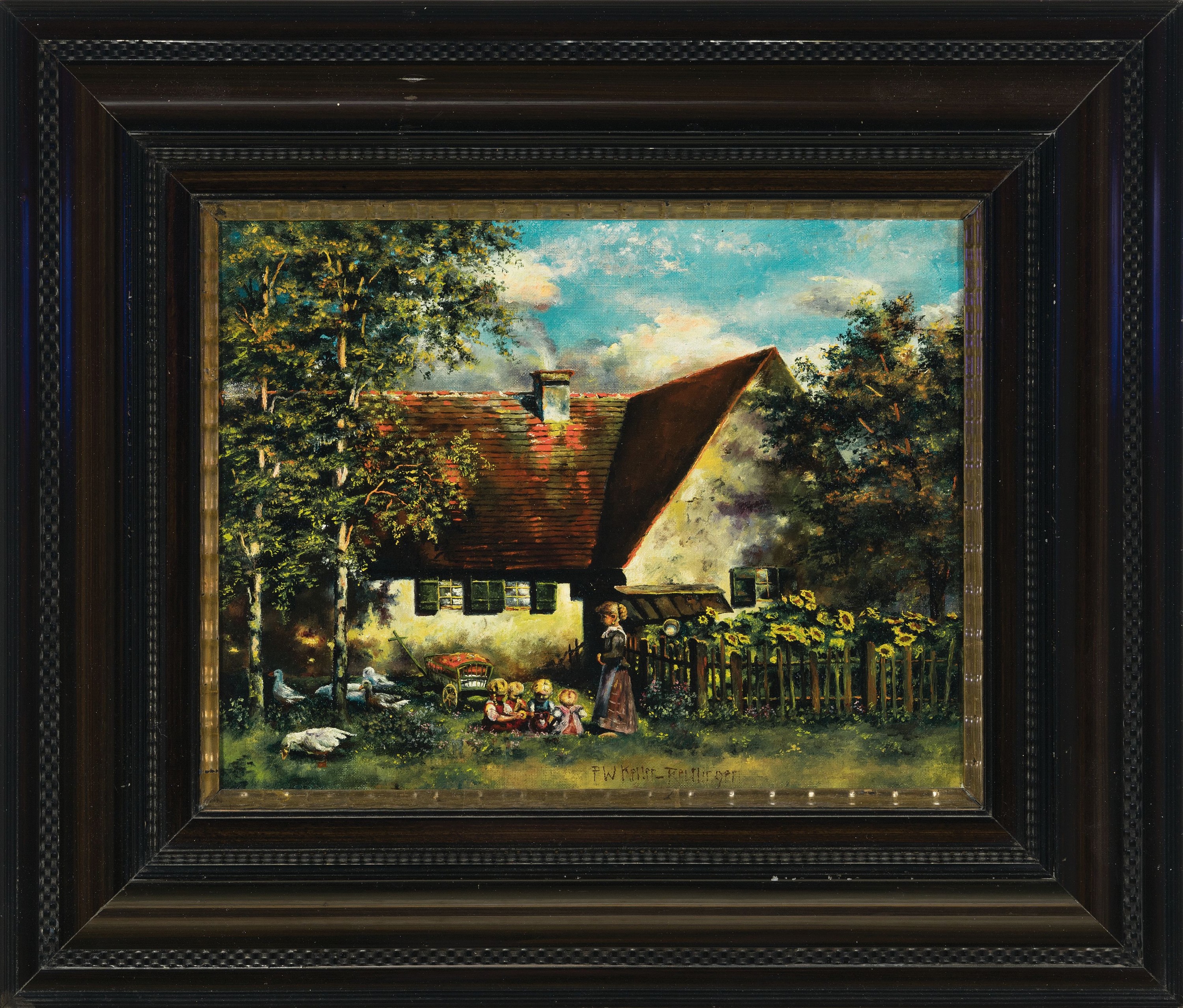 Detail k: Paul Wilhelm Keller-Reutlingen, 1854 Reutlingen-1920 München, Idyllische Szenerie mit spielenden Kindern und Gänsen vor einem Bauernhaus, Öl/Lwd, ...